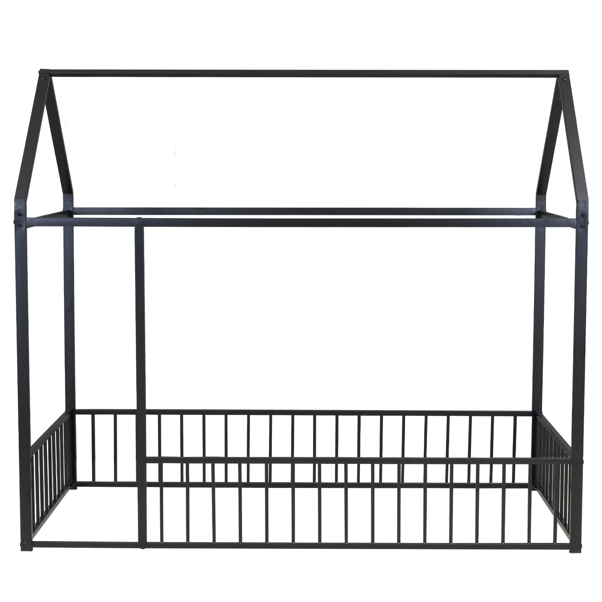 Black metal twin house bed frame with roof and safety rails