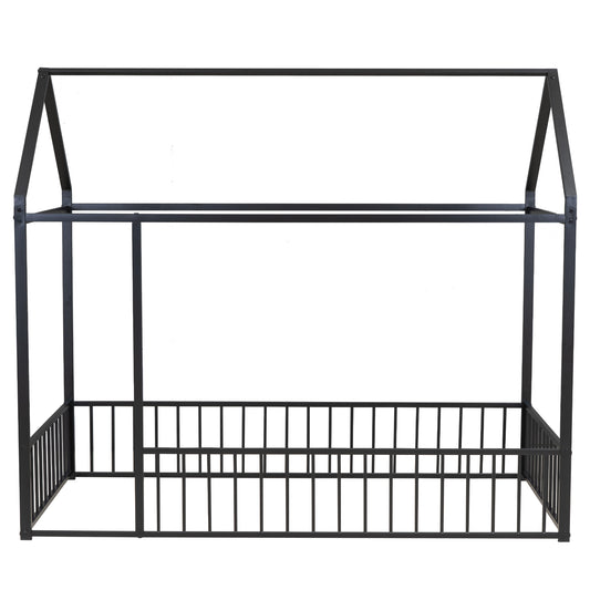 Black metal twin house bed frame with roof and safety rails