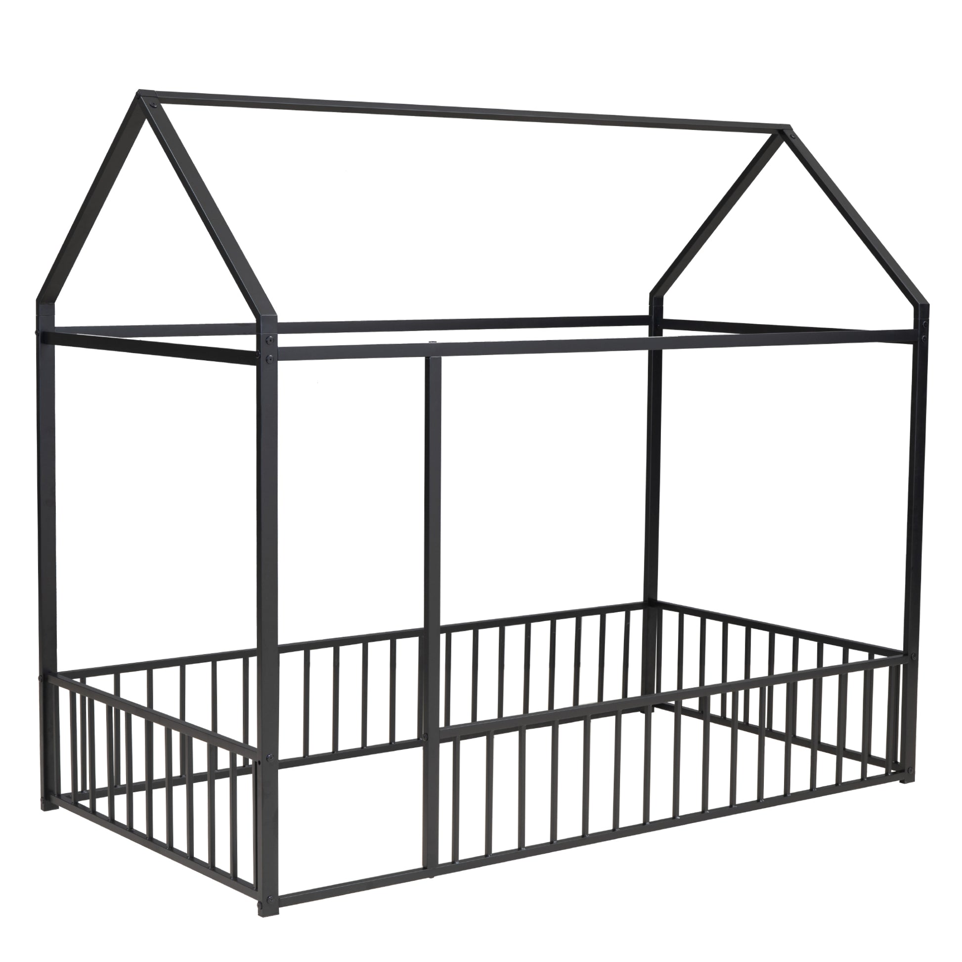 Black metal house frame bed with safety rails