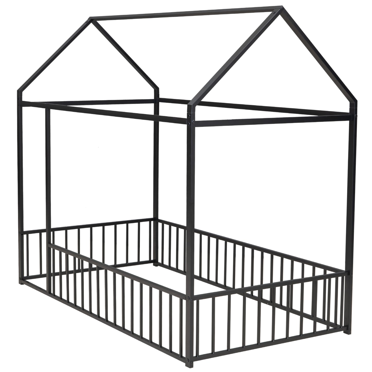 Black metal house frame bed for kids with safety rails