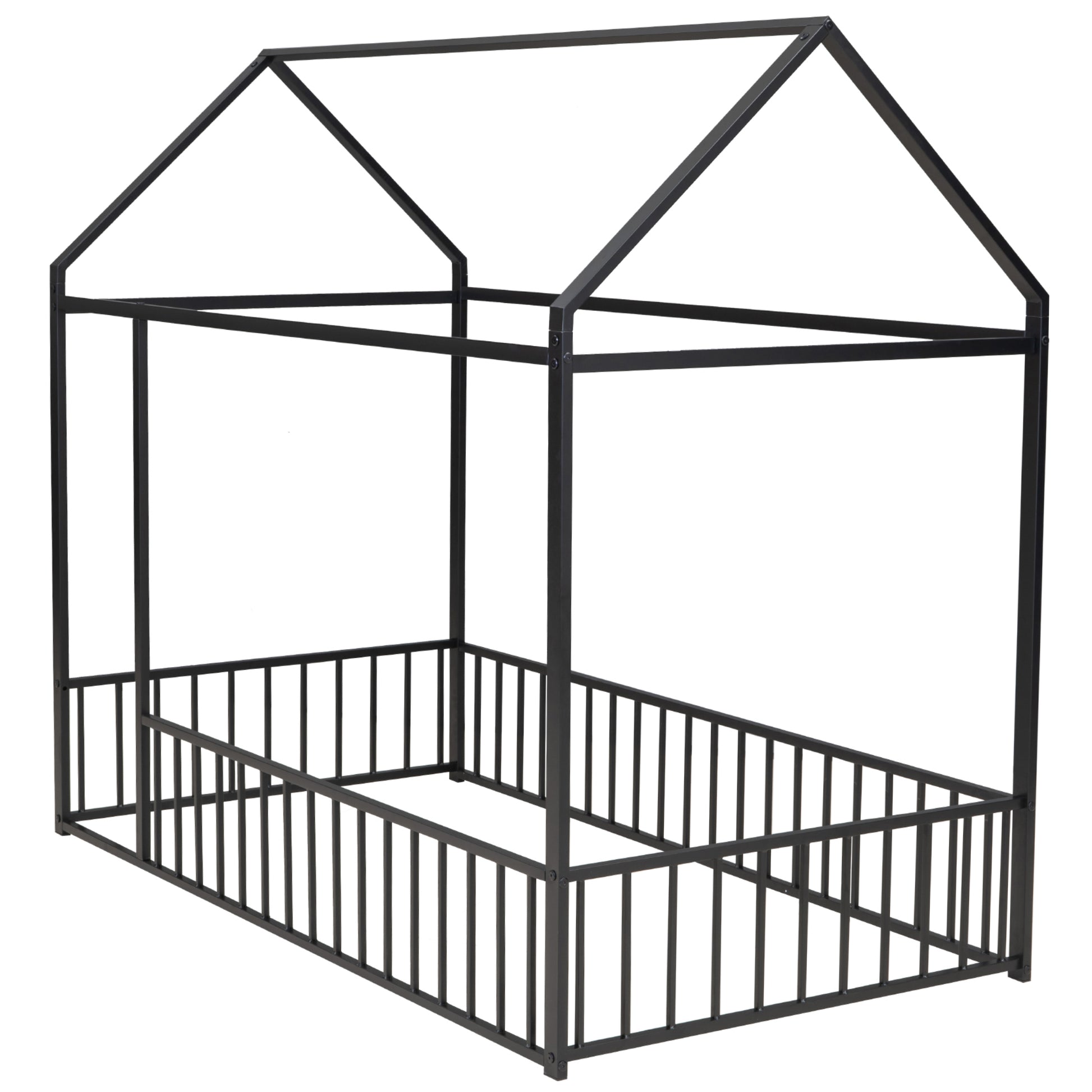 Black metal house frame bed for kids with safety rails