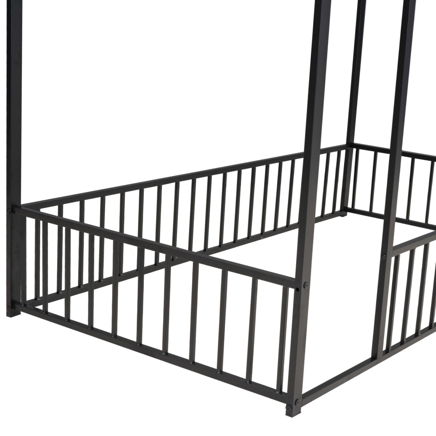 Black metal garden arbor frame with decorative railing detail