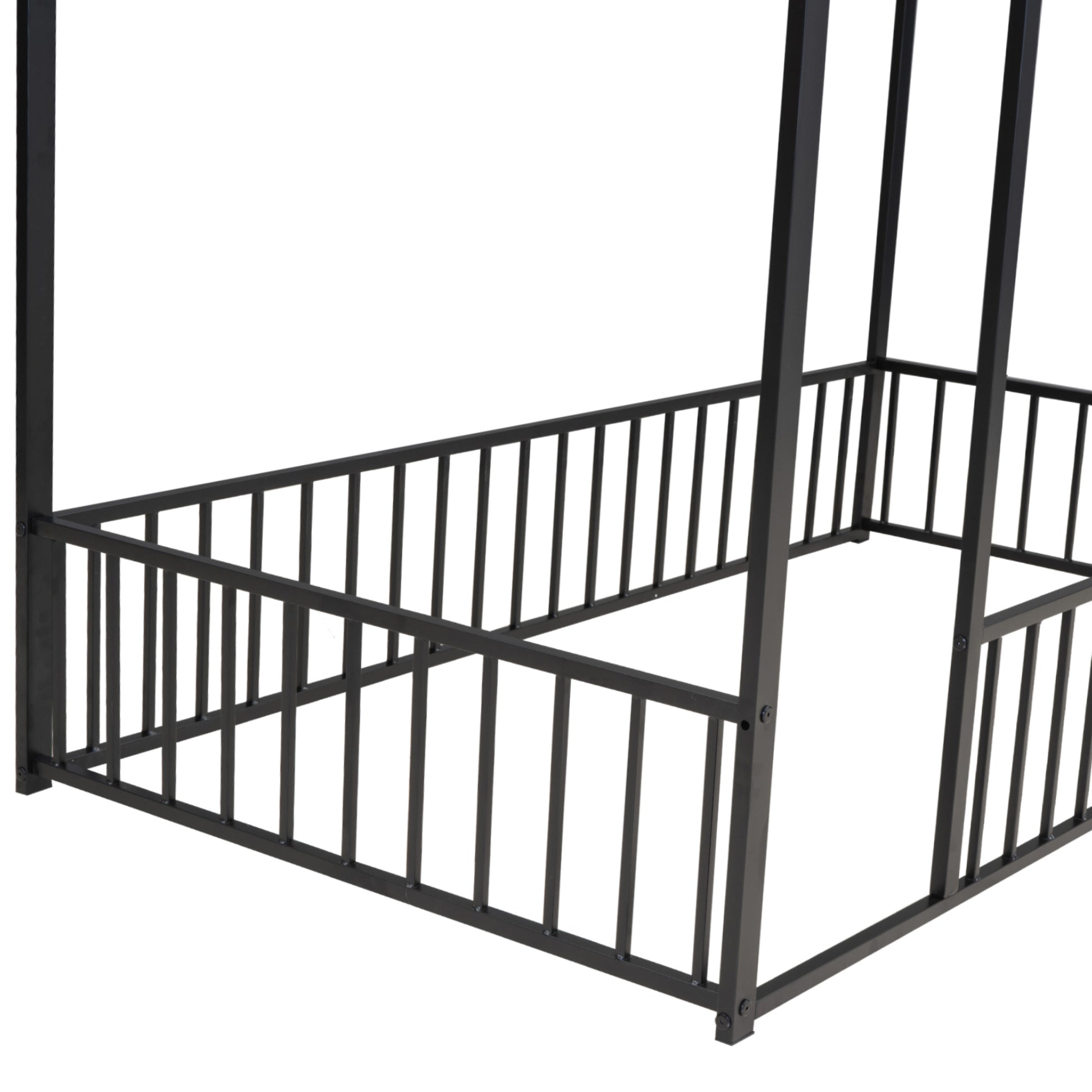 Black metal garden arbor frame with decorative railing detail