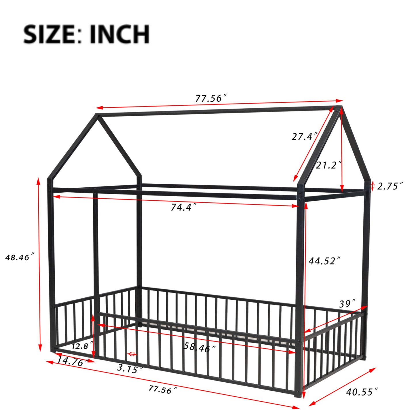 Black metal twin house bed frame with dimensions