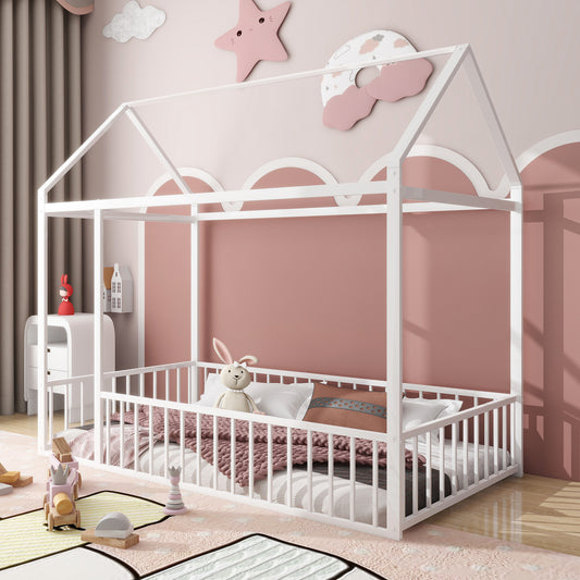 White metal house bed frame with railing ideal for toddler bedroom safety and playful design