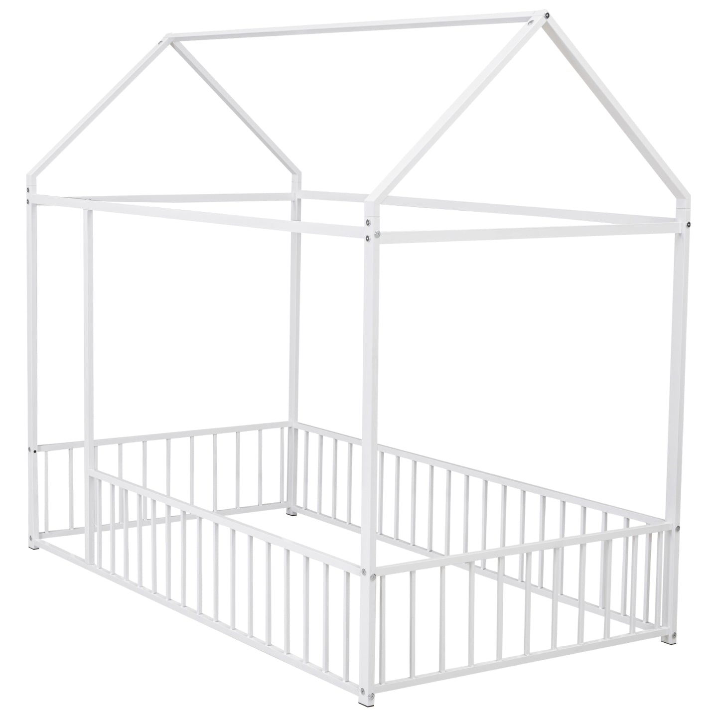 White metal house frame bed with railing ideal for toddler safety