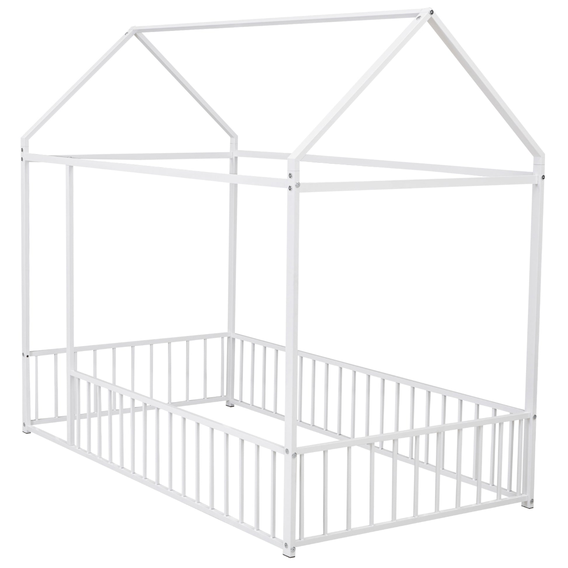 White metal house frame bed with railing ideal for toddler safety