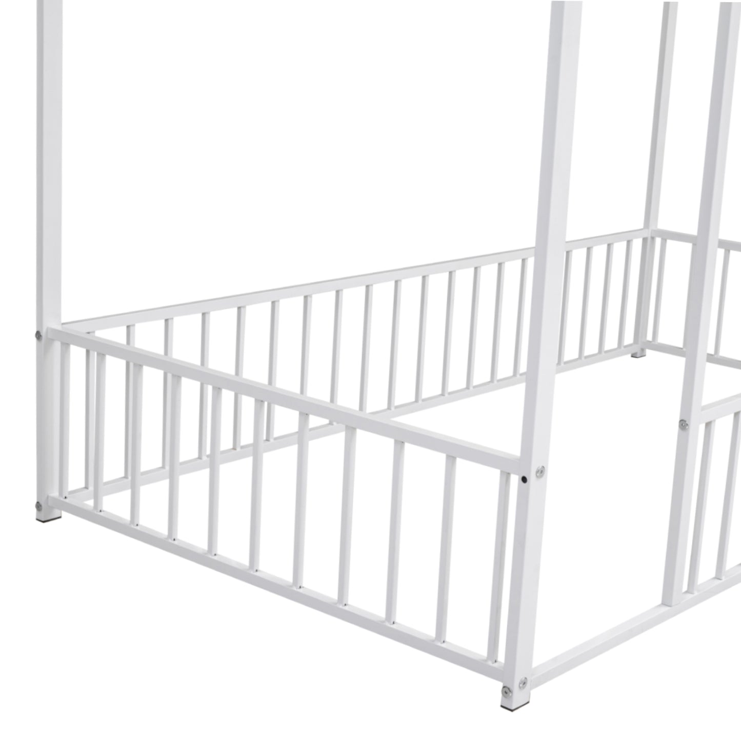 White metal canopy bed frame with vertical slats
