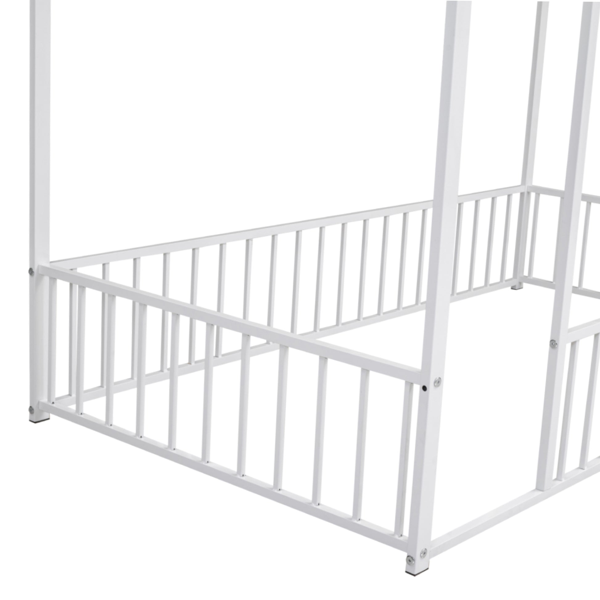 White metal canopy bed frame with vertical slats