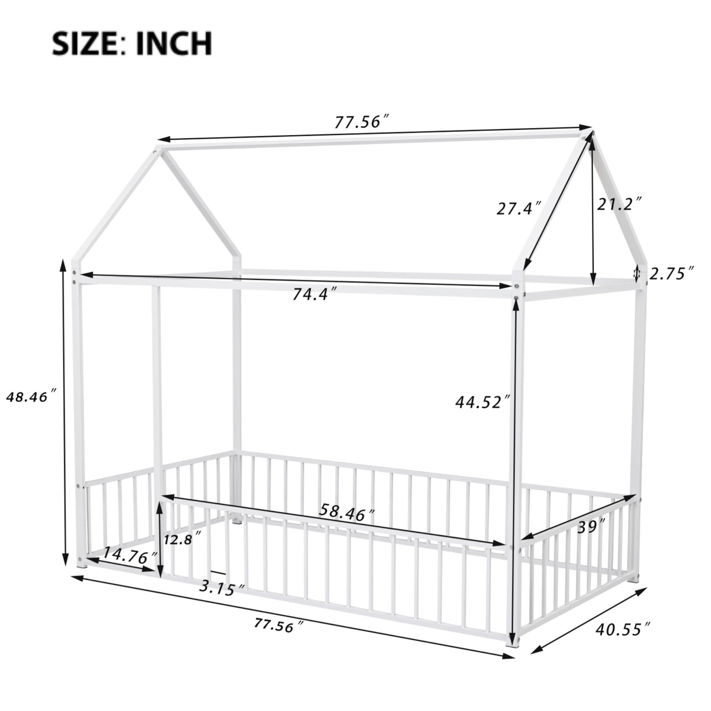 White metal house bed frame with dimensions