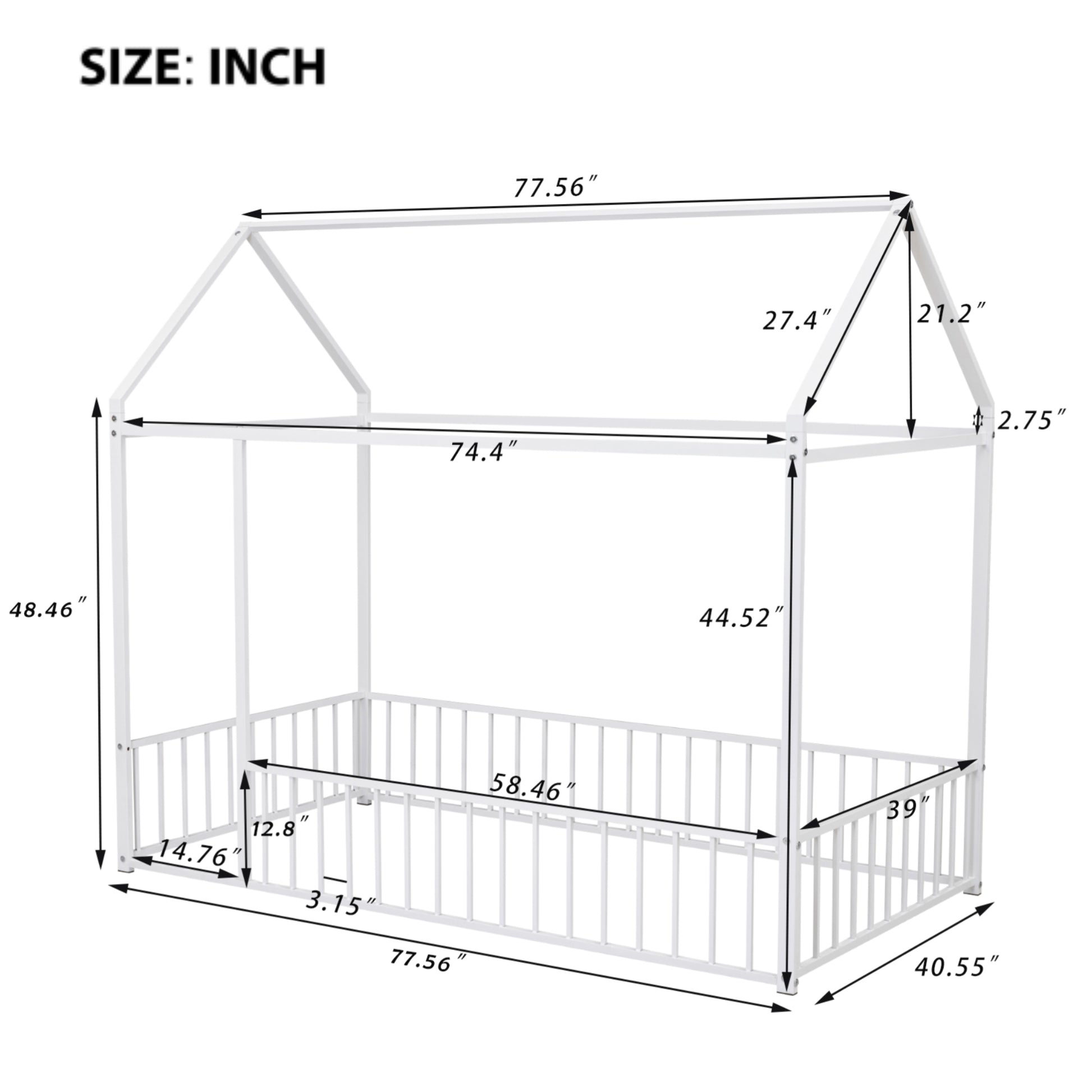White metal house bed frame with dimensions