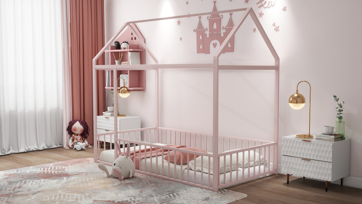 Pink metal house bed frame with rails for toddler safety