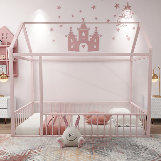 Pink metal toddler bed with castle and fairy wall art