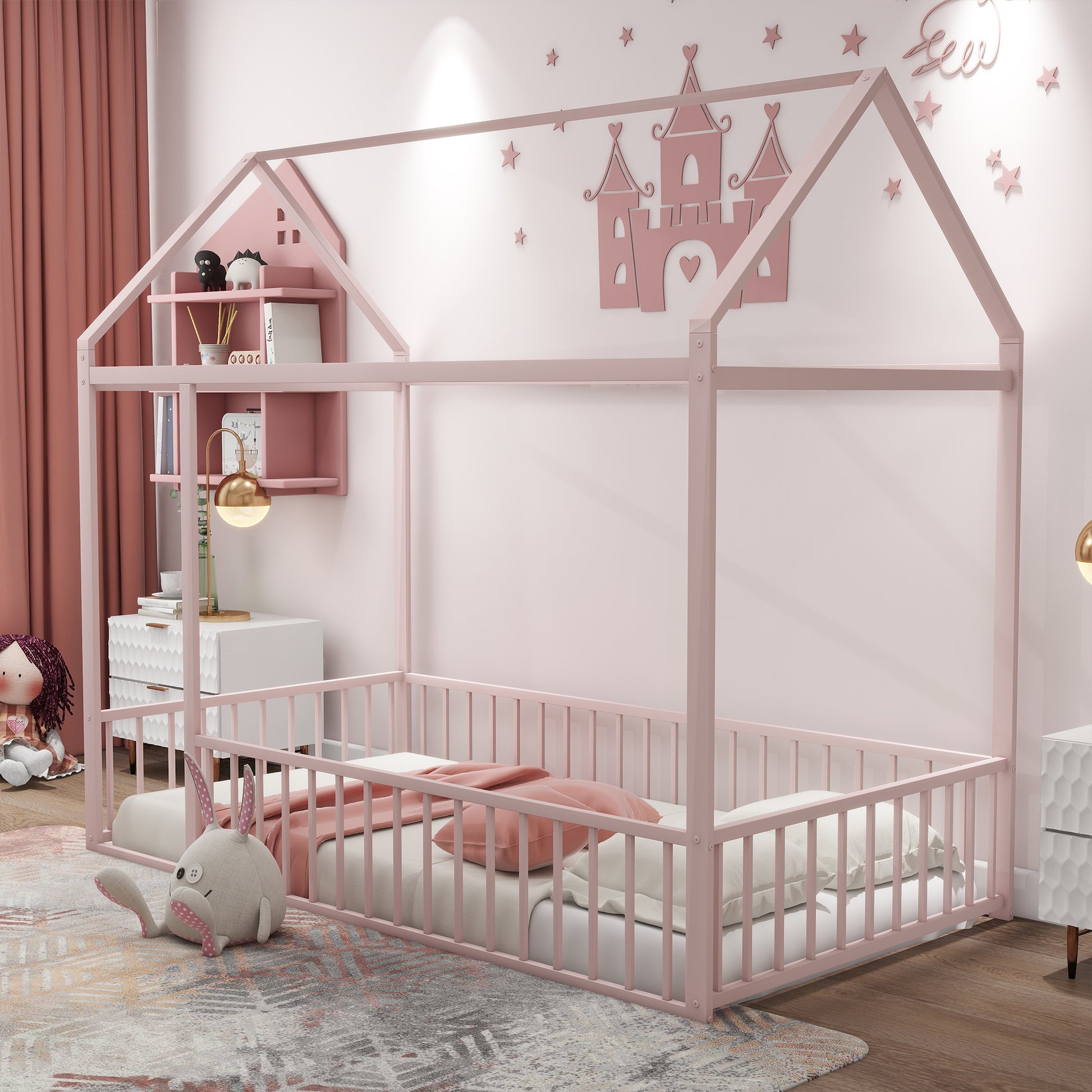 Pink metal house bed frame with protective rails and mattress for nursery