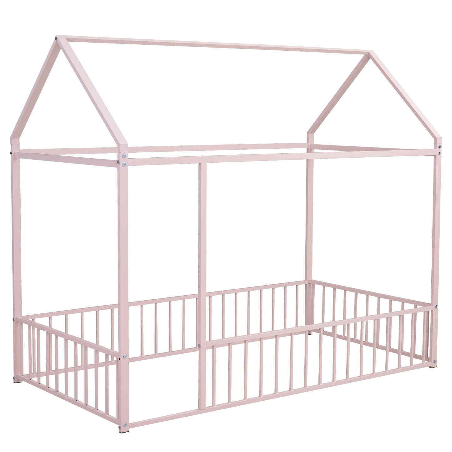 Pink metal house bed frame with safety rails and roof structure