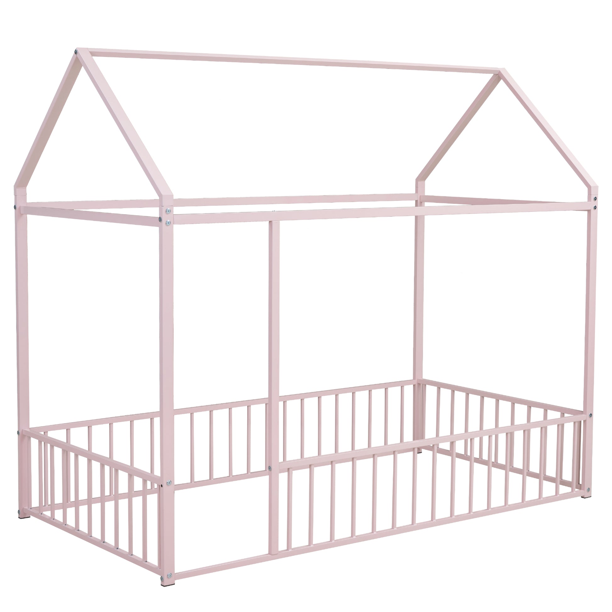 Pink metal house bed frame with safety rails and roof structure