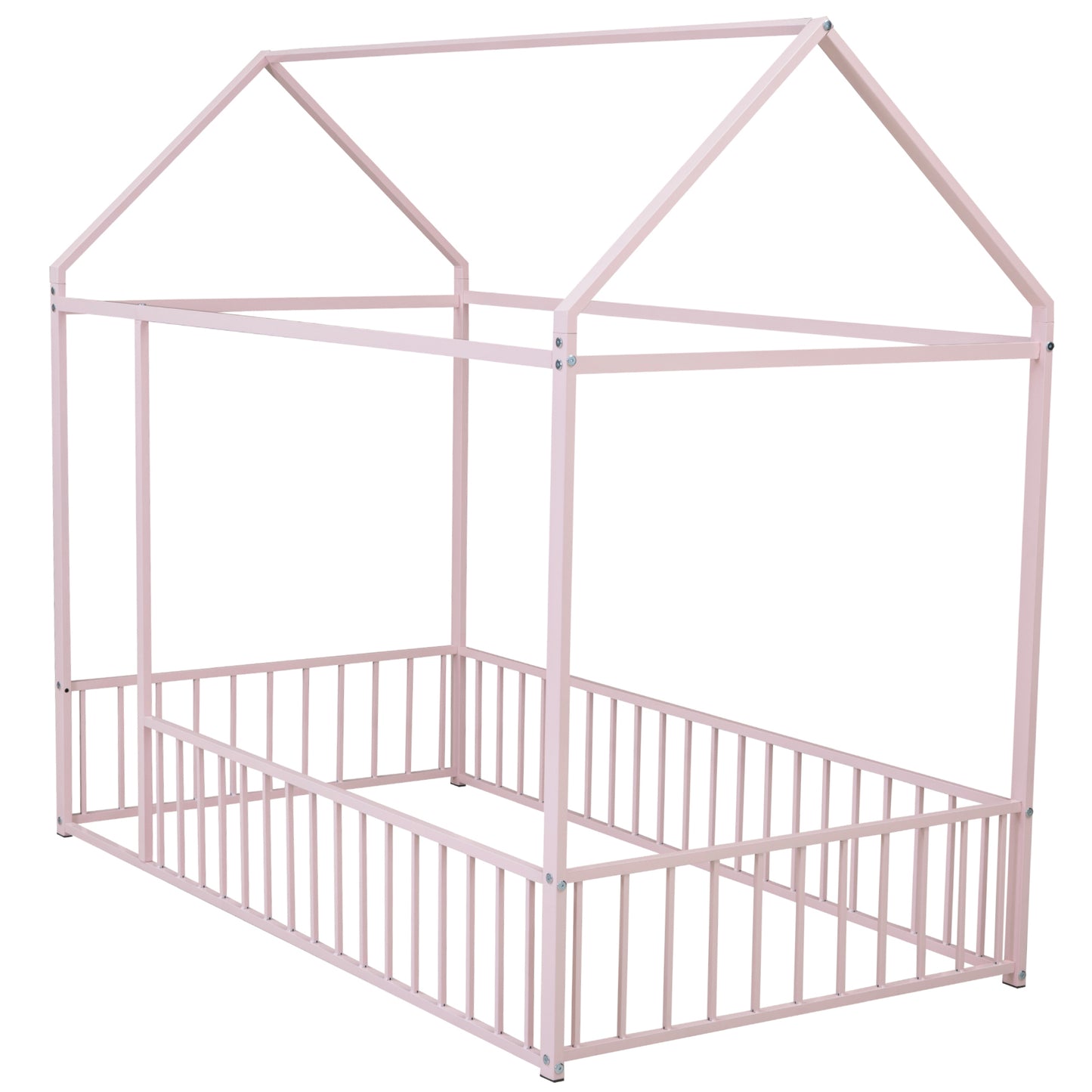 Pink metal house bed frame for toddlers with safety rails