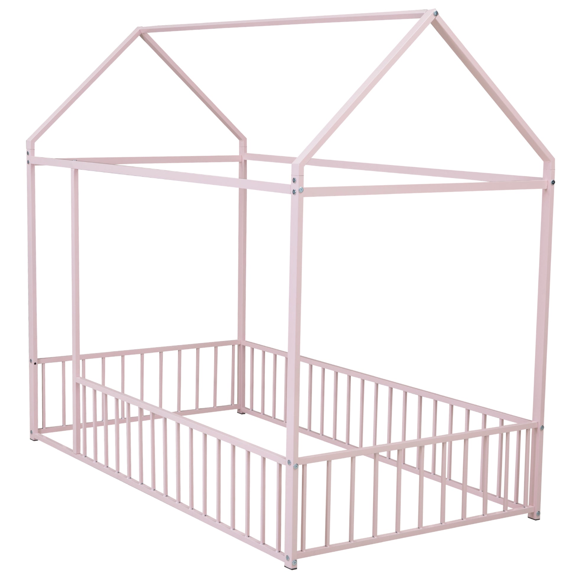 Pink metal house bed frame for toddlers with safety rails