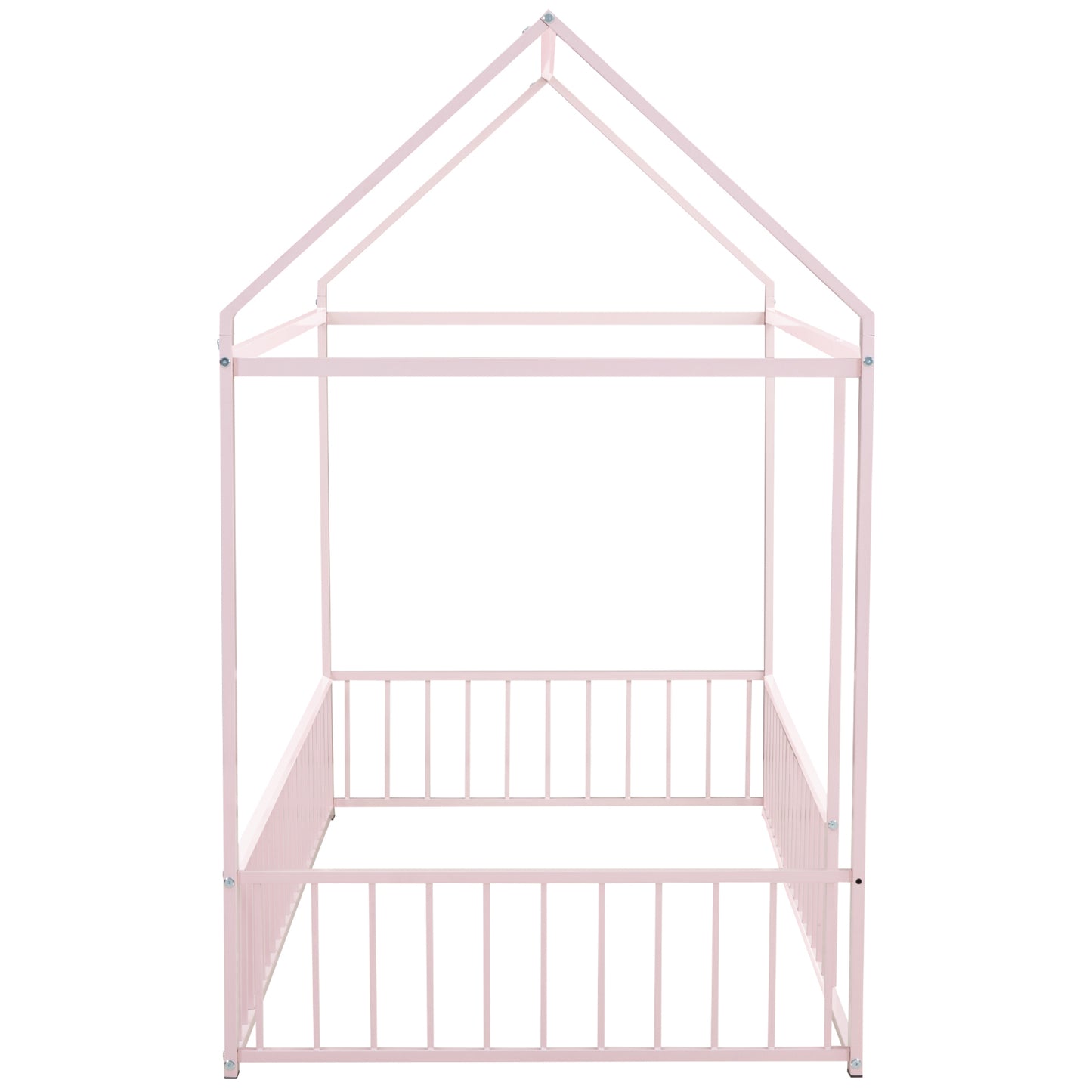 Pink metal twin house bed frame with playful roof design