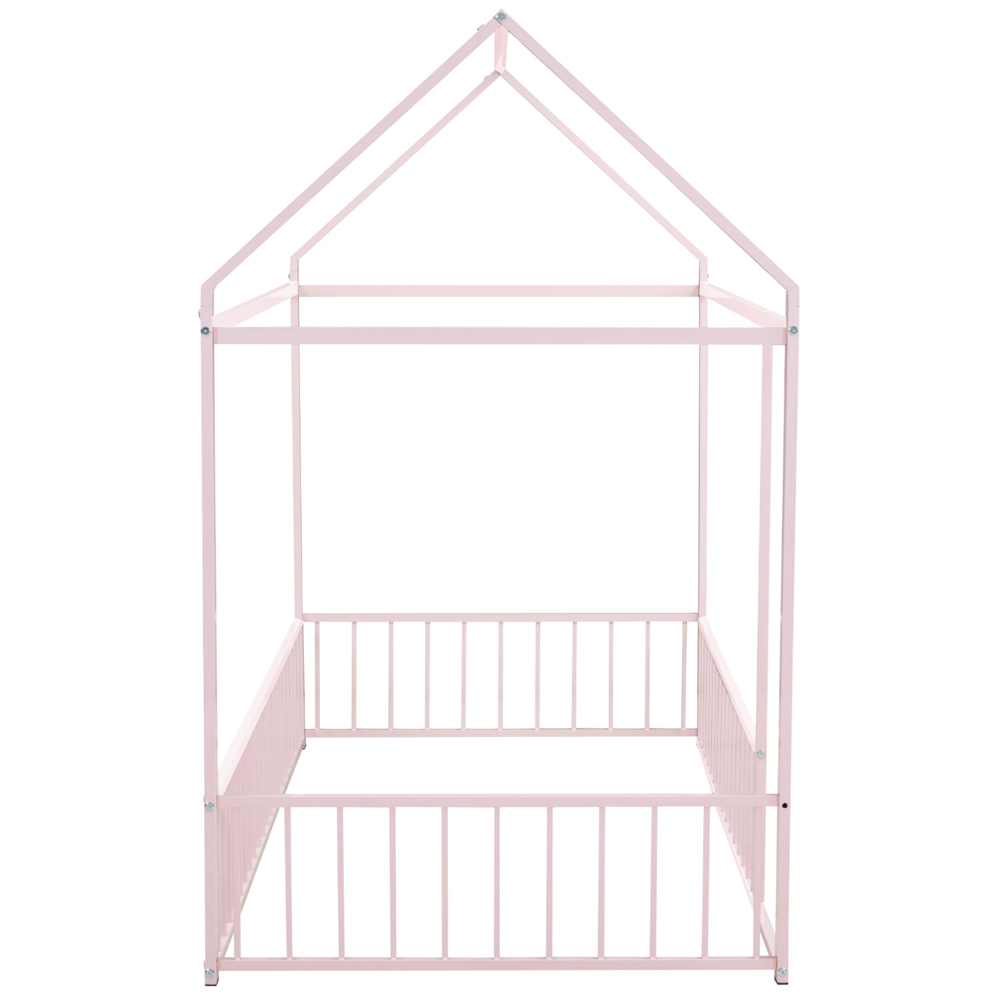 Pink metal twin house bed frame with playful roof design
