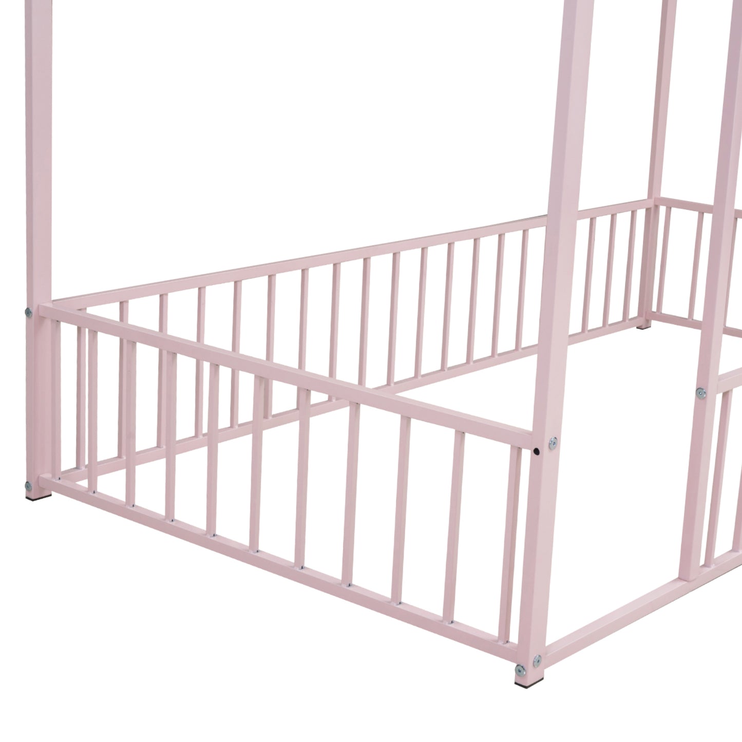 Pink metal canopy bed frame with railing for child
