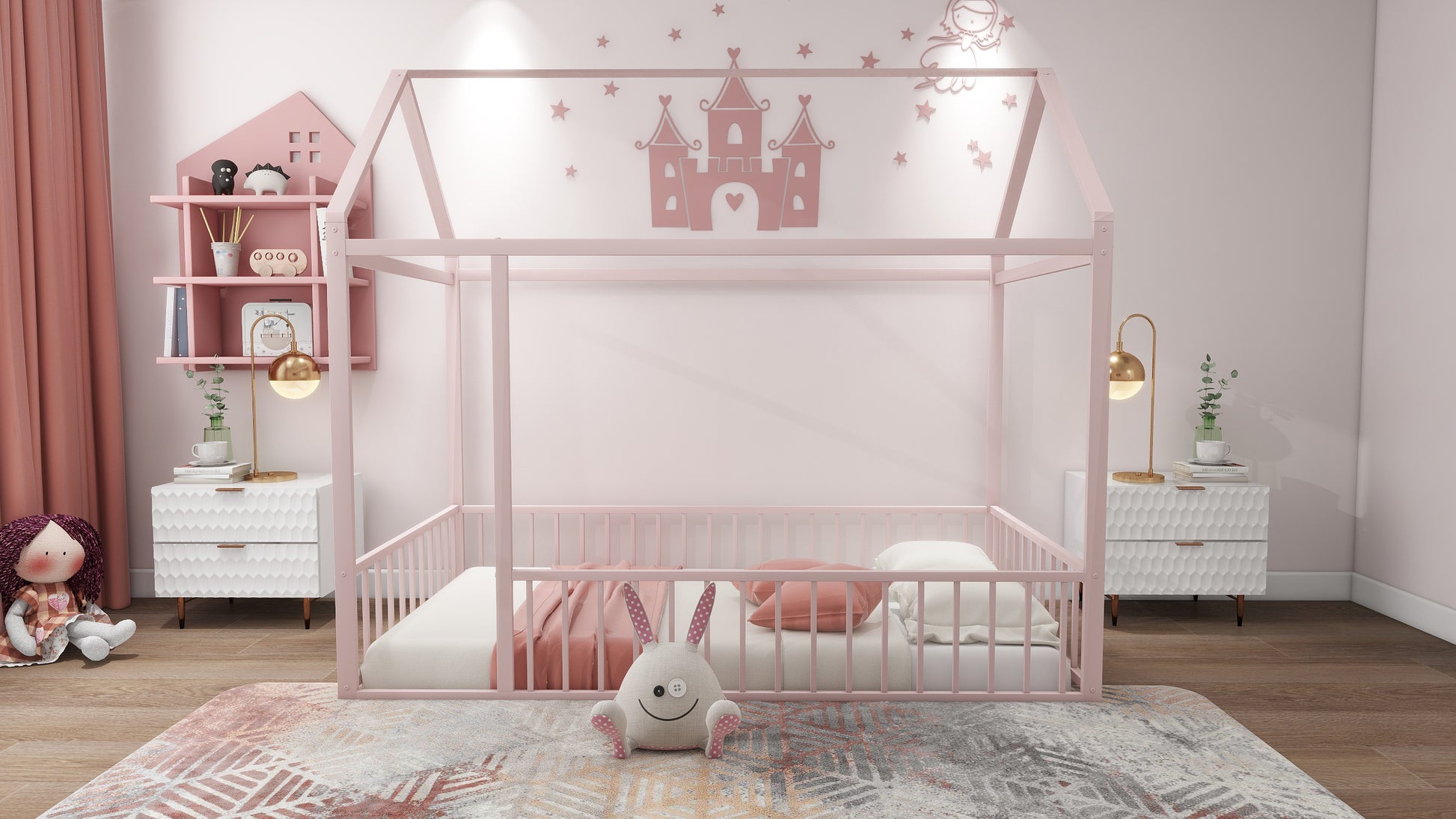 Pink house bed frame with plush bedding for kids