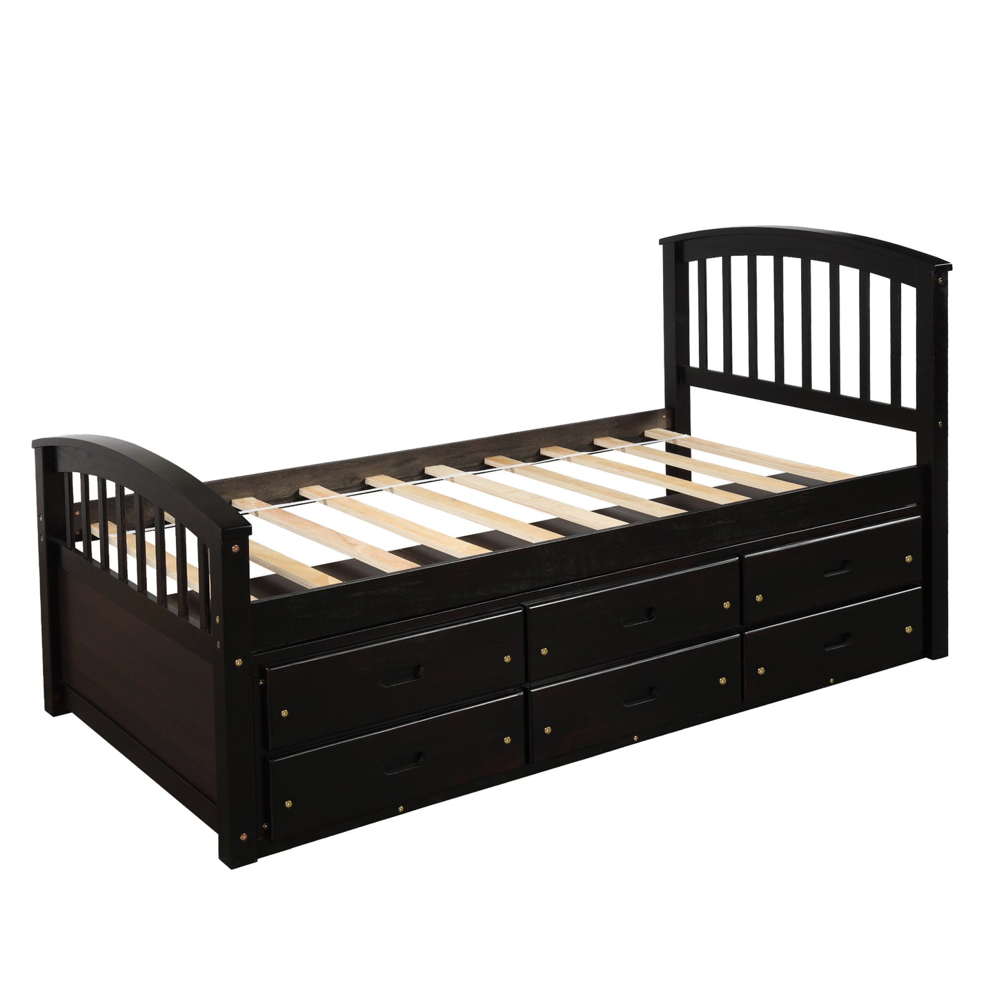 Dark brown twin bed with six drawers