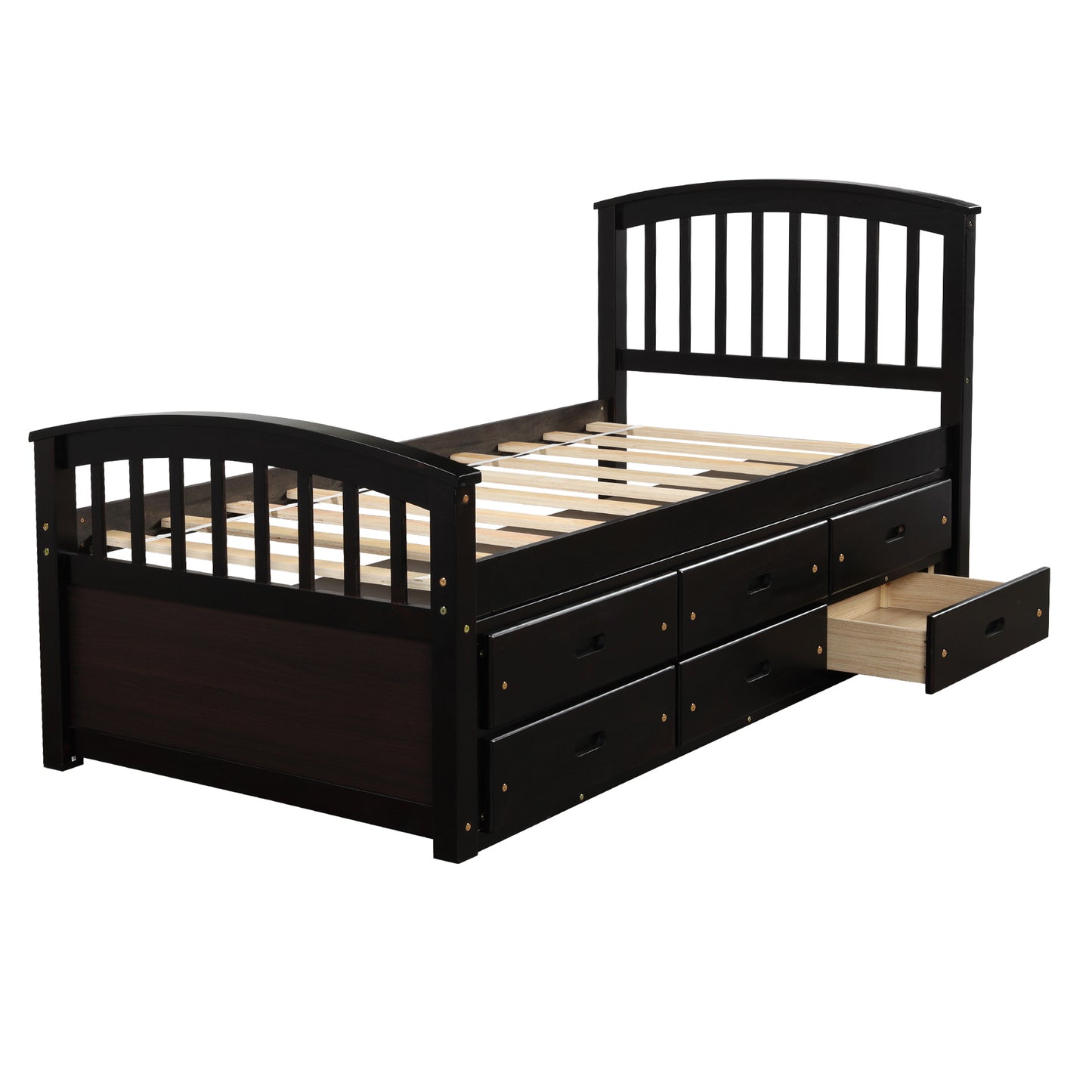 Dark brown wooden twin bed frame with six storage drawers and a slatted headboard for a childs room