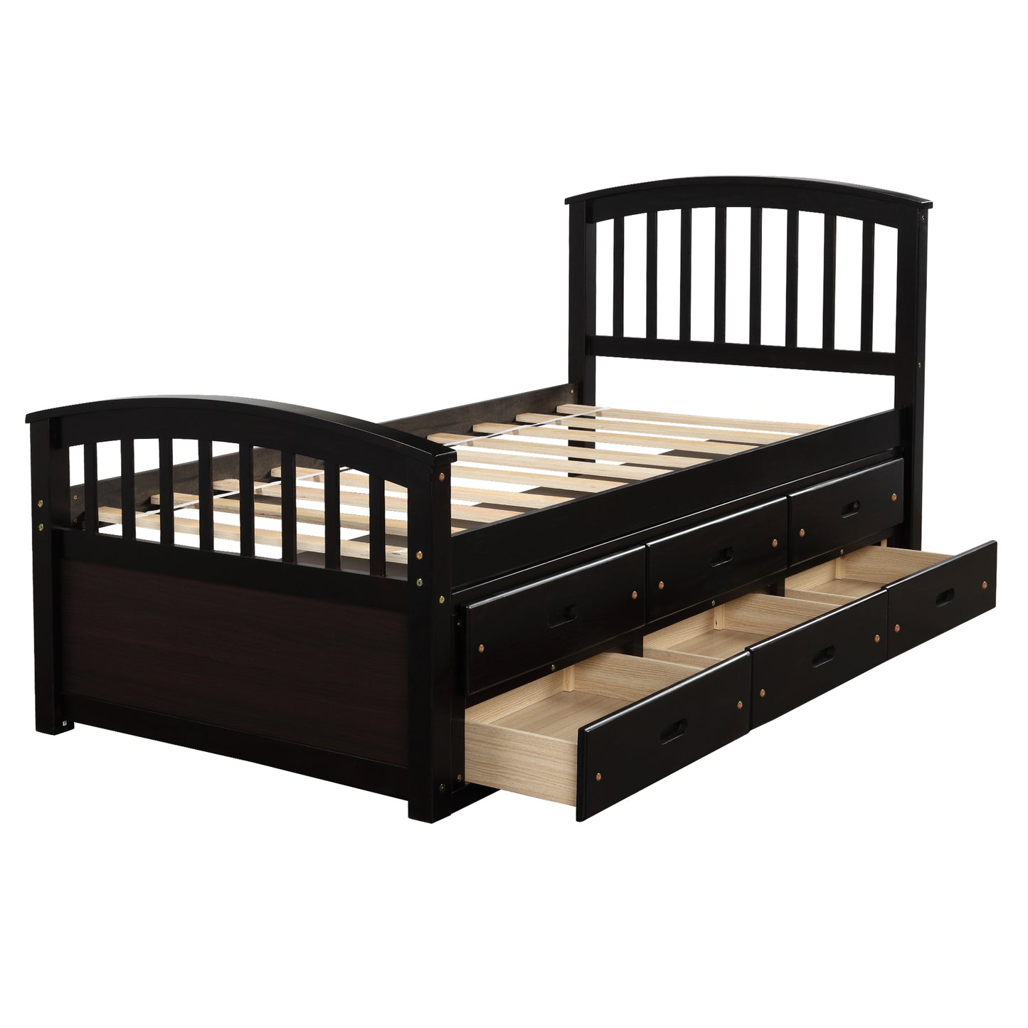 Dark brown wooden twin bed frame with six storage drawers and arched slatted headboard