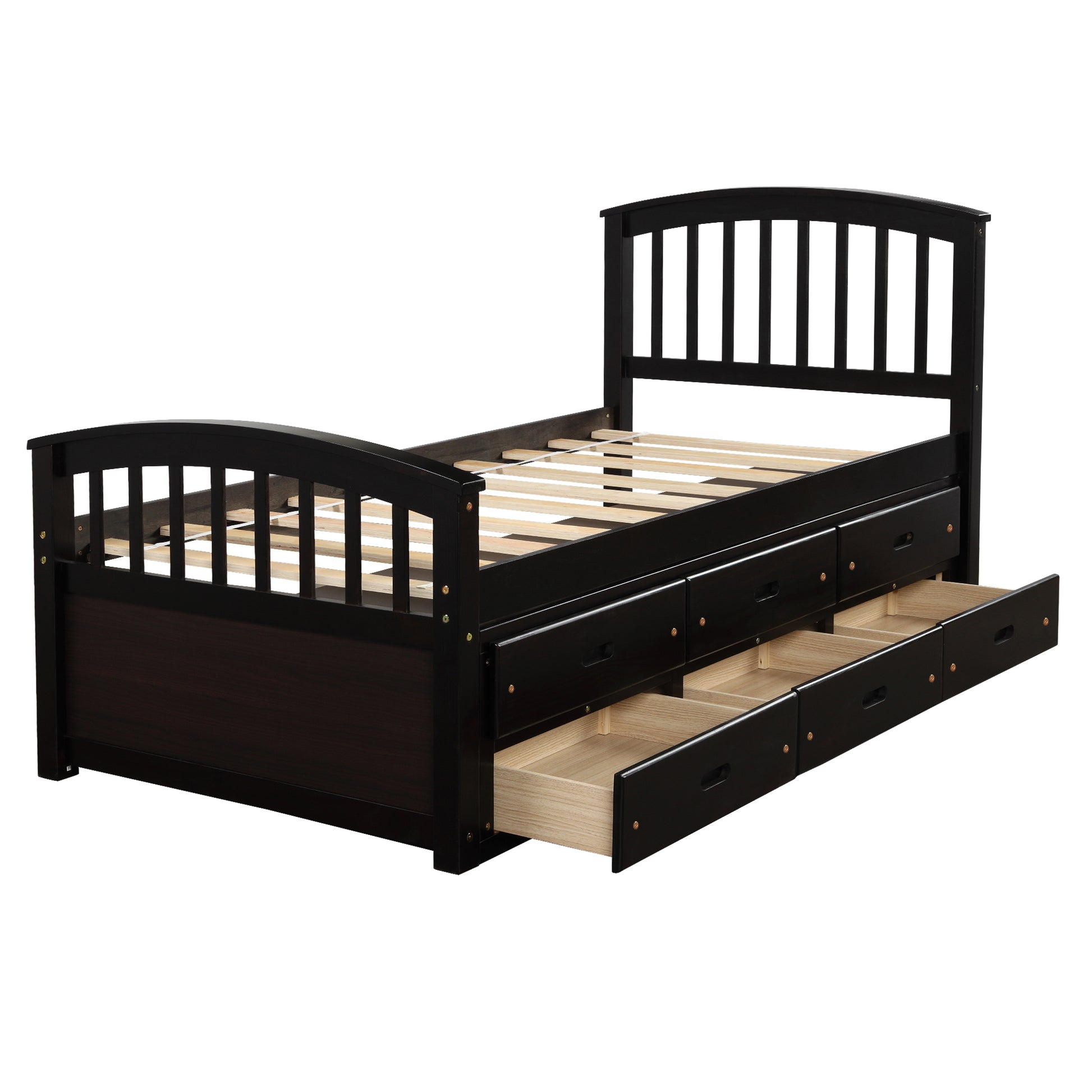 Dark brown wooden twin bed frame with six storage drawers and arched slatted headboard