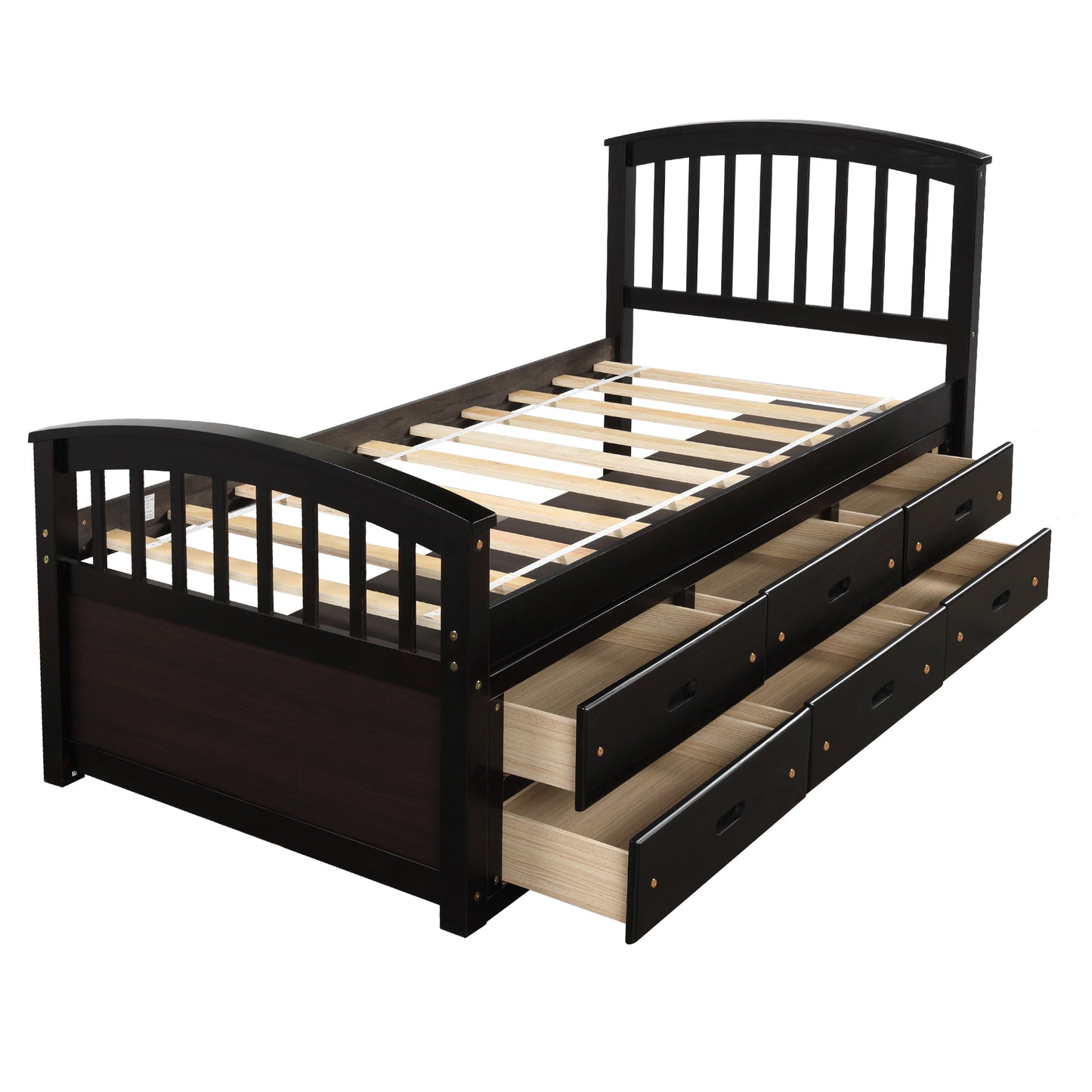 Dark brown wooden twin bed frame with six storage drawers and slatted headboard