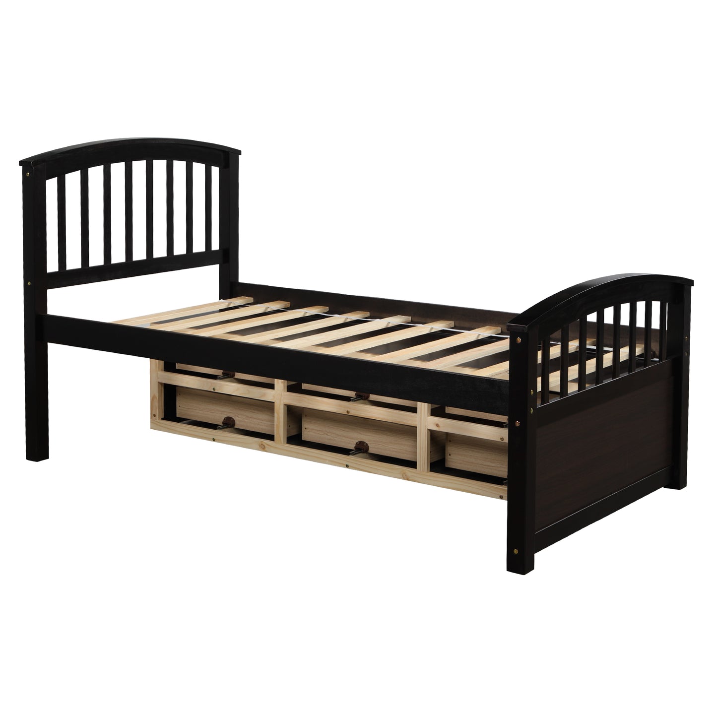 Black wood twin bed with storage drawers and slatted base