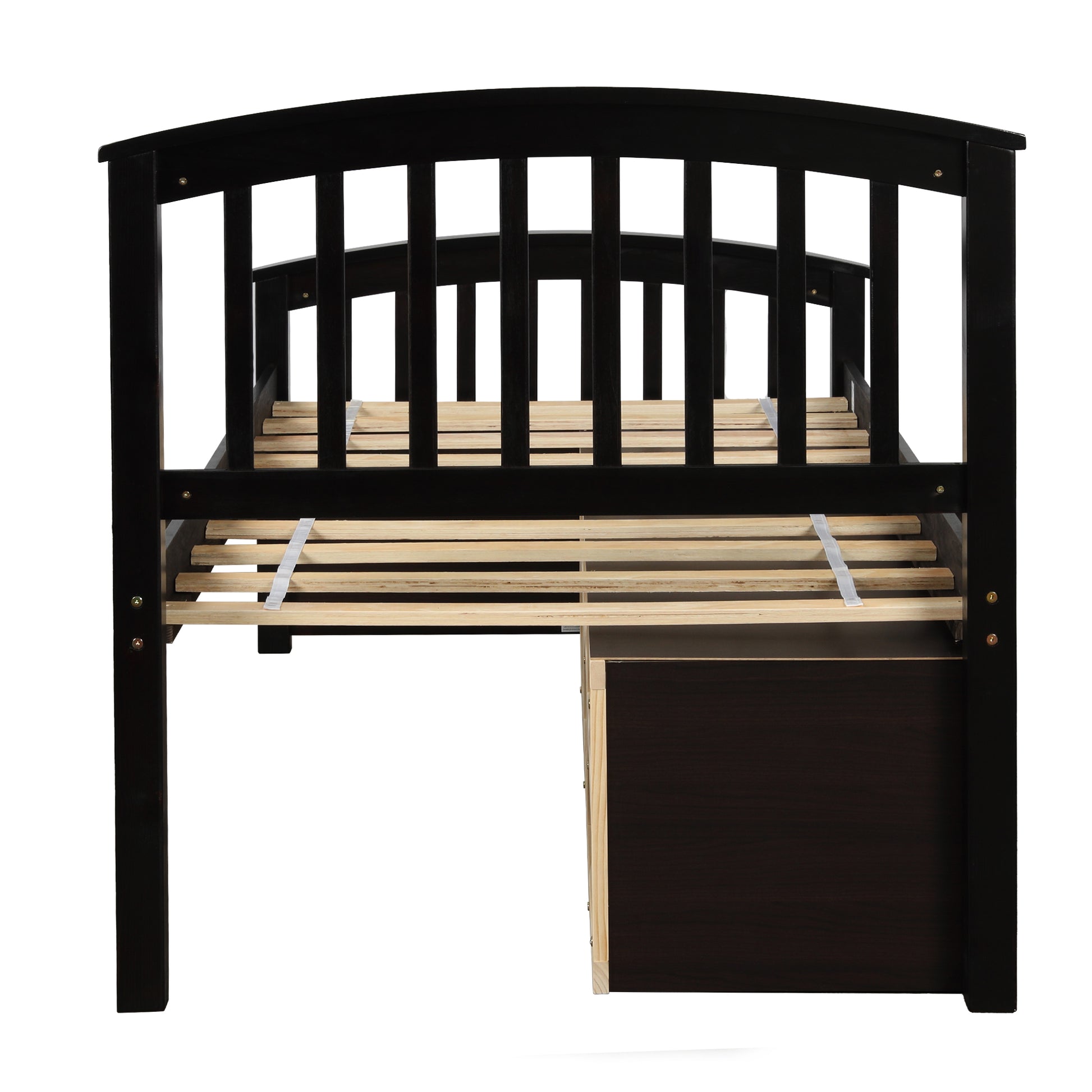 Dark brown wooden twin bed frame with slatted support and builtin drawer