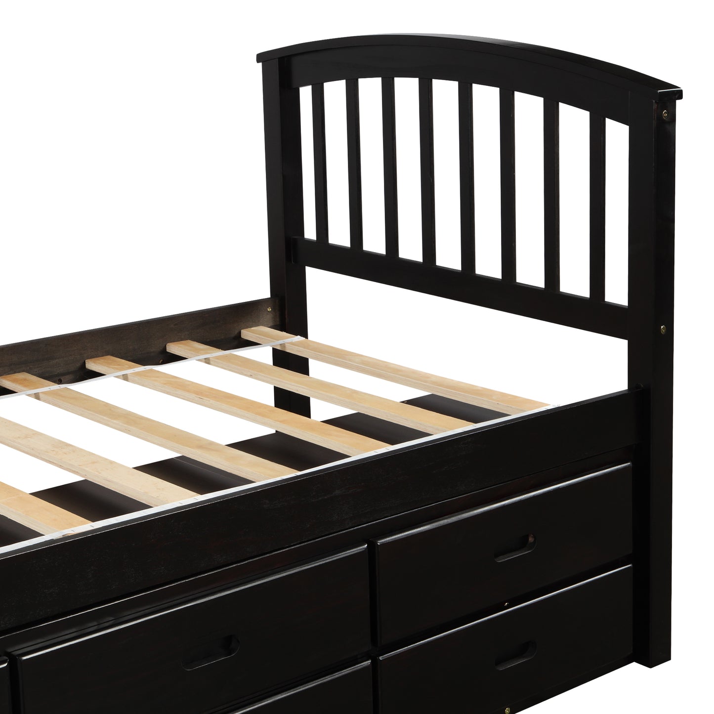 Dark brown wooden bed frame with six drawers and slatted base