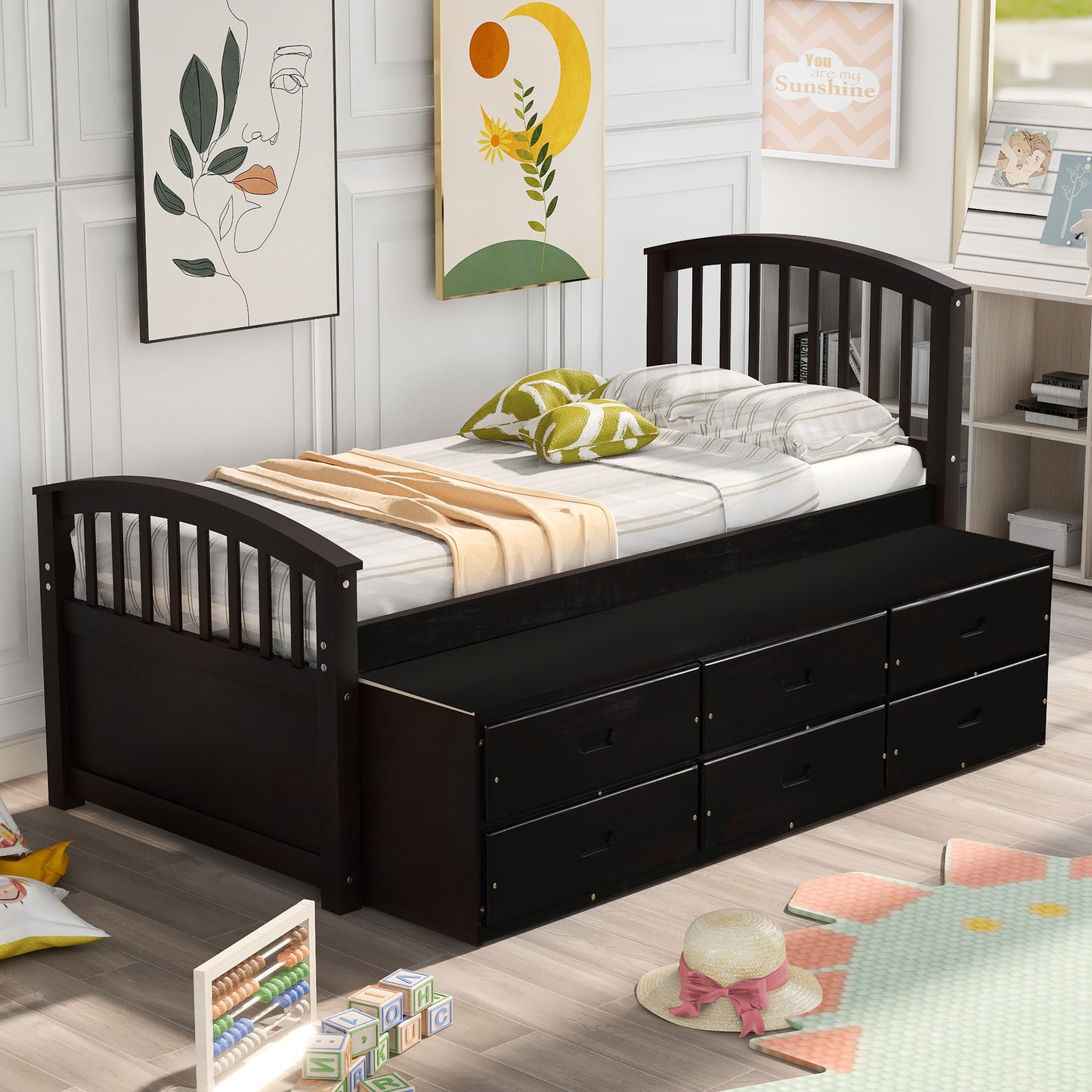 Dark brown wooden toddler bed with six drawers