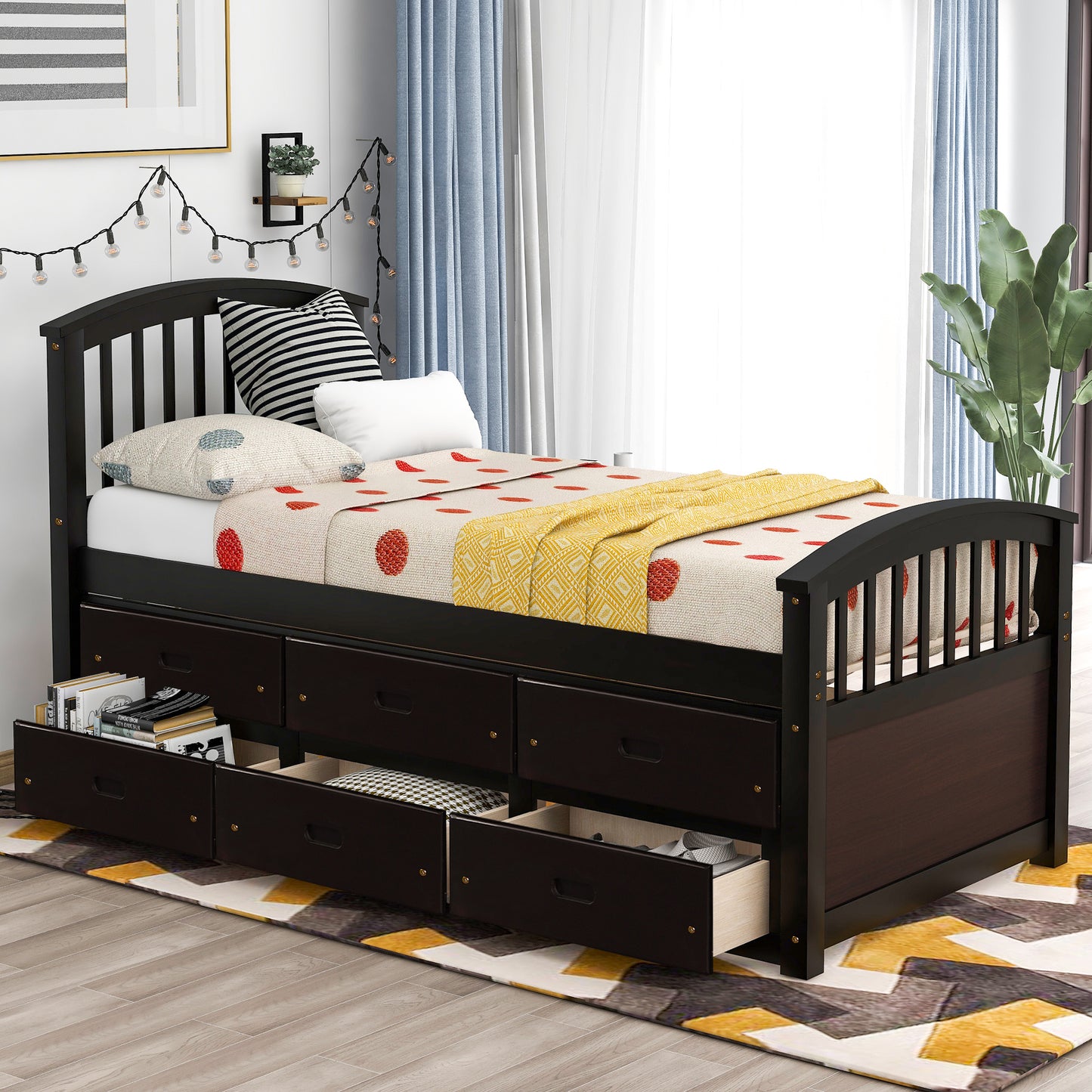 Dark brown twin bed frame with arched headboard and  storage drawers