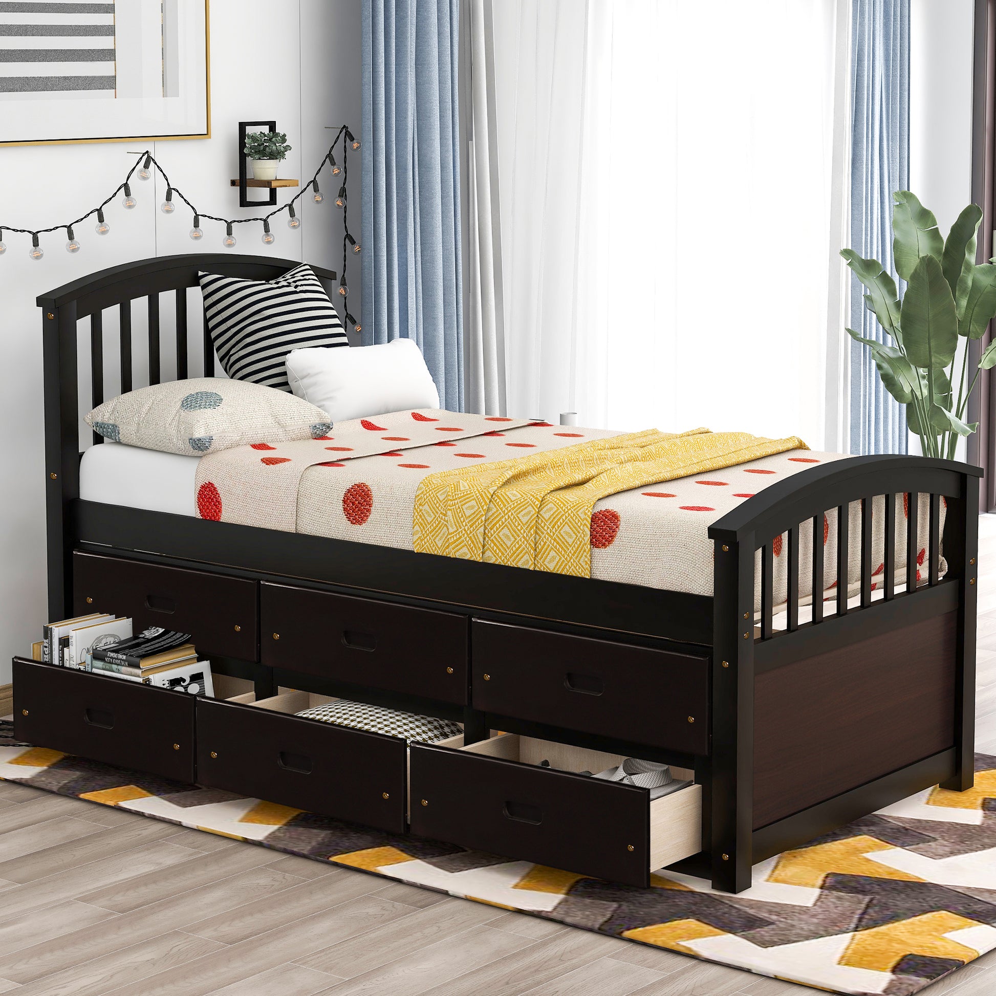 Dark brown twin bed frame with arched headboard and  storage drawers