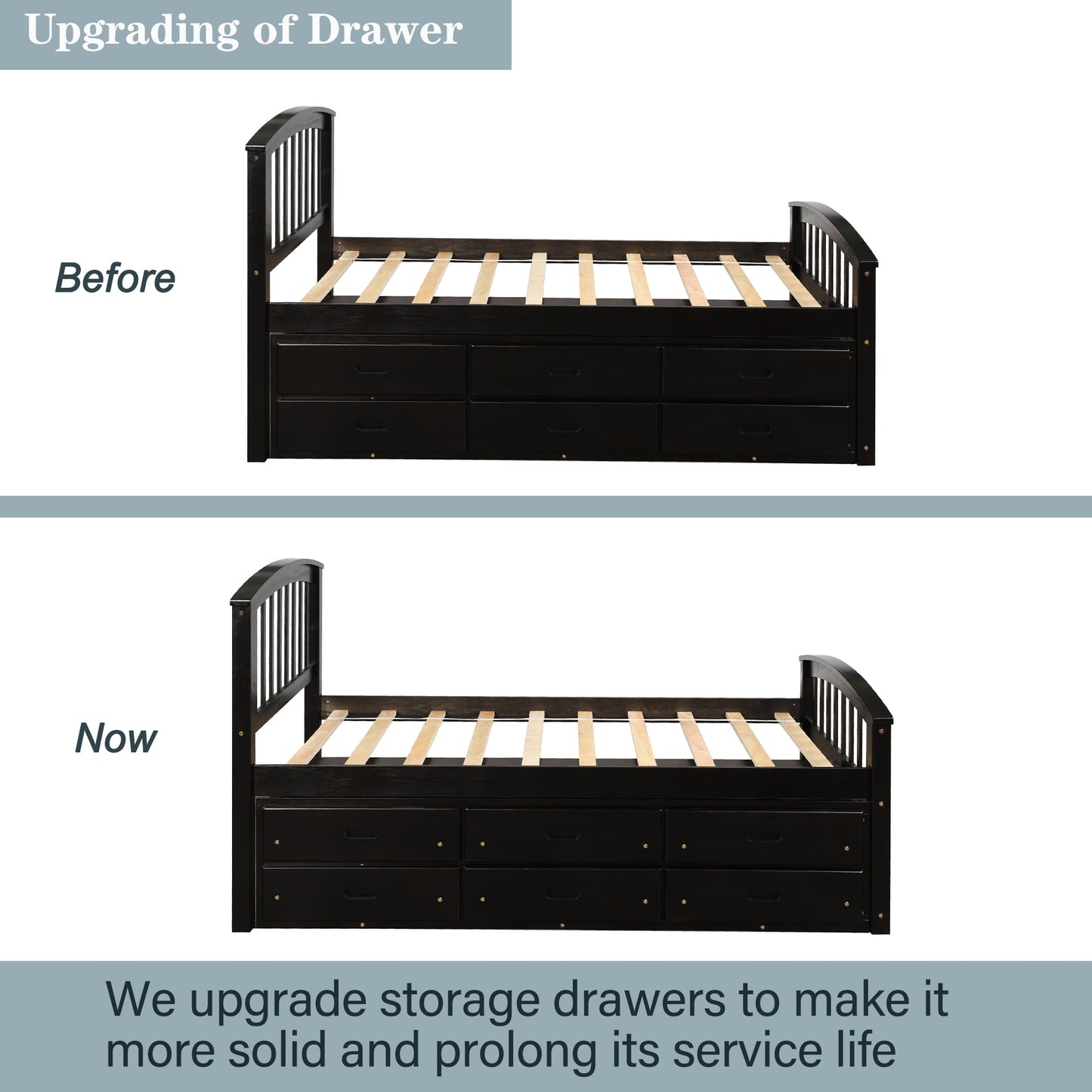 Dark wood twin bed frame with arched headboard and six drawers