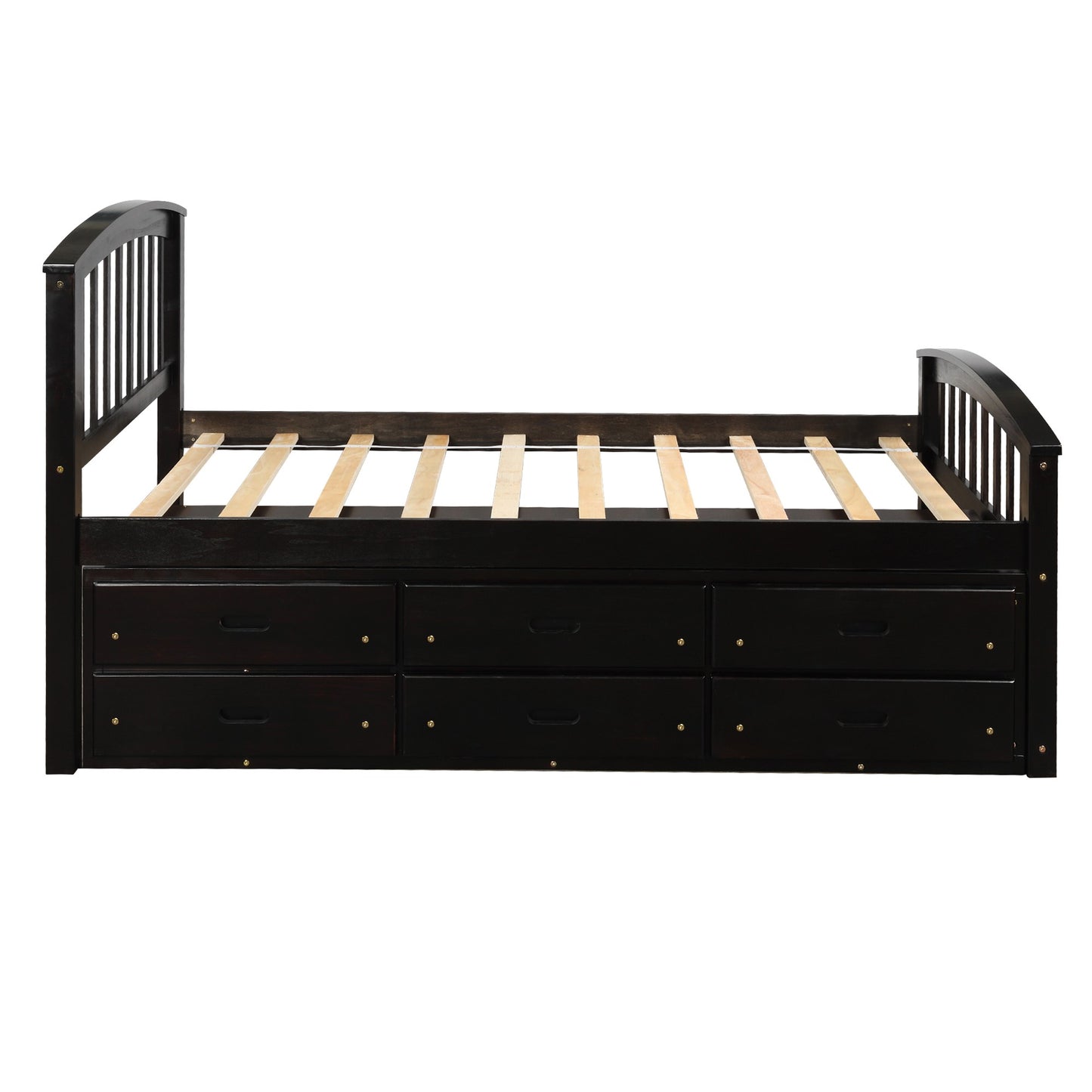 Dark brown wood bed frame with six drawers for storage