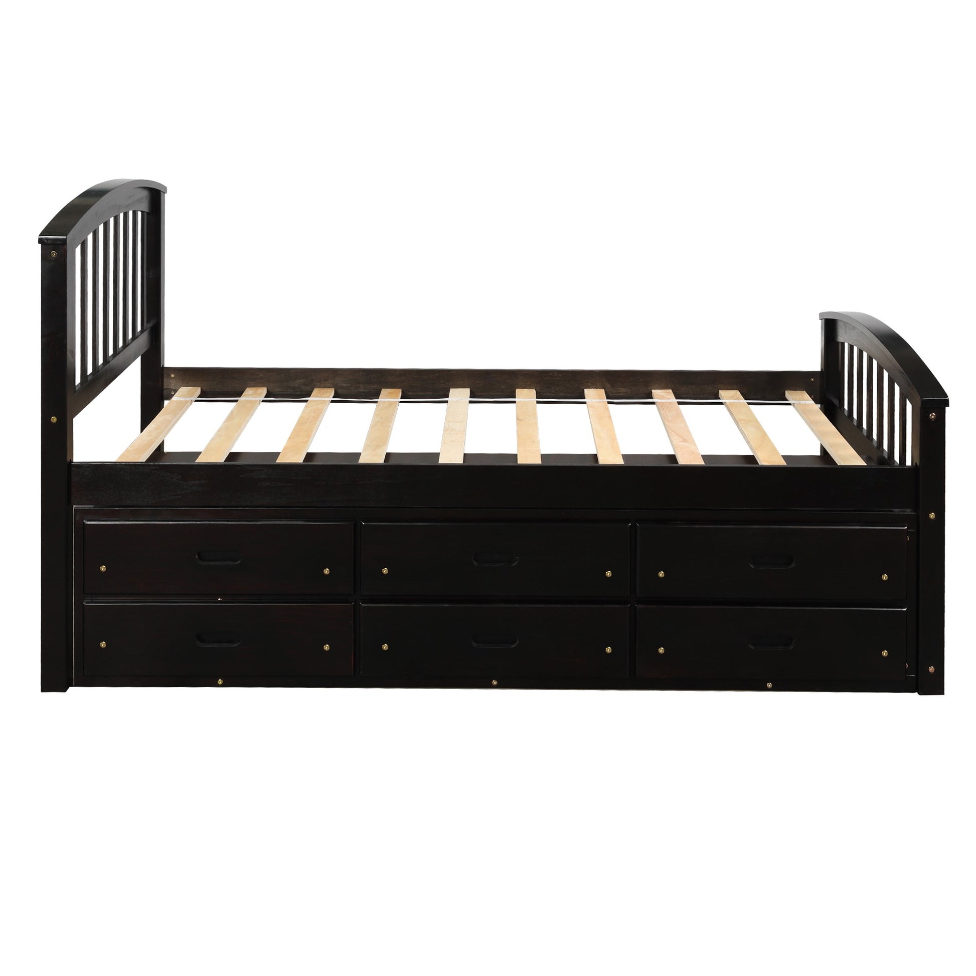 Dark brown wood bed frame with six drawers for storage