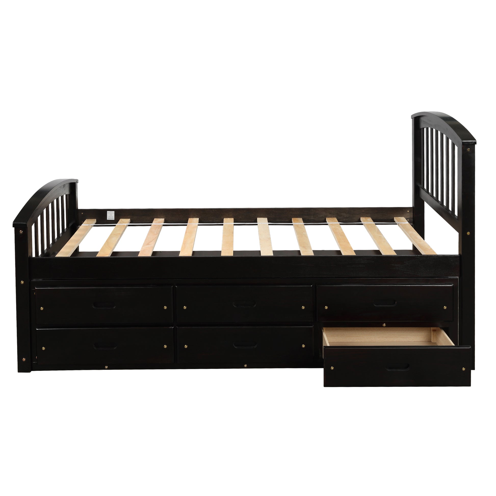Black wooden twin bed frame with six storage drawers