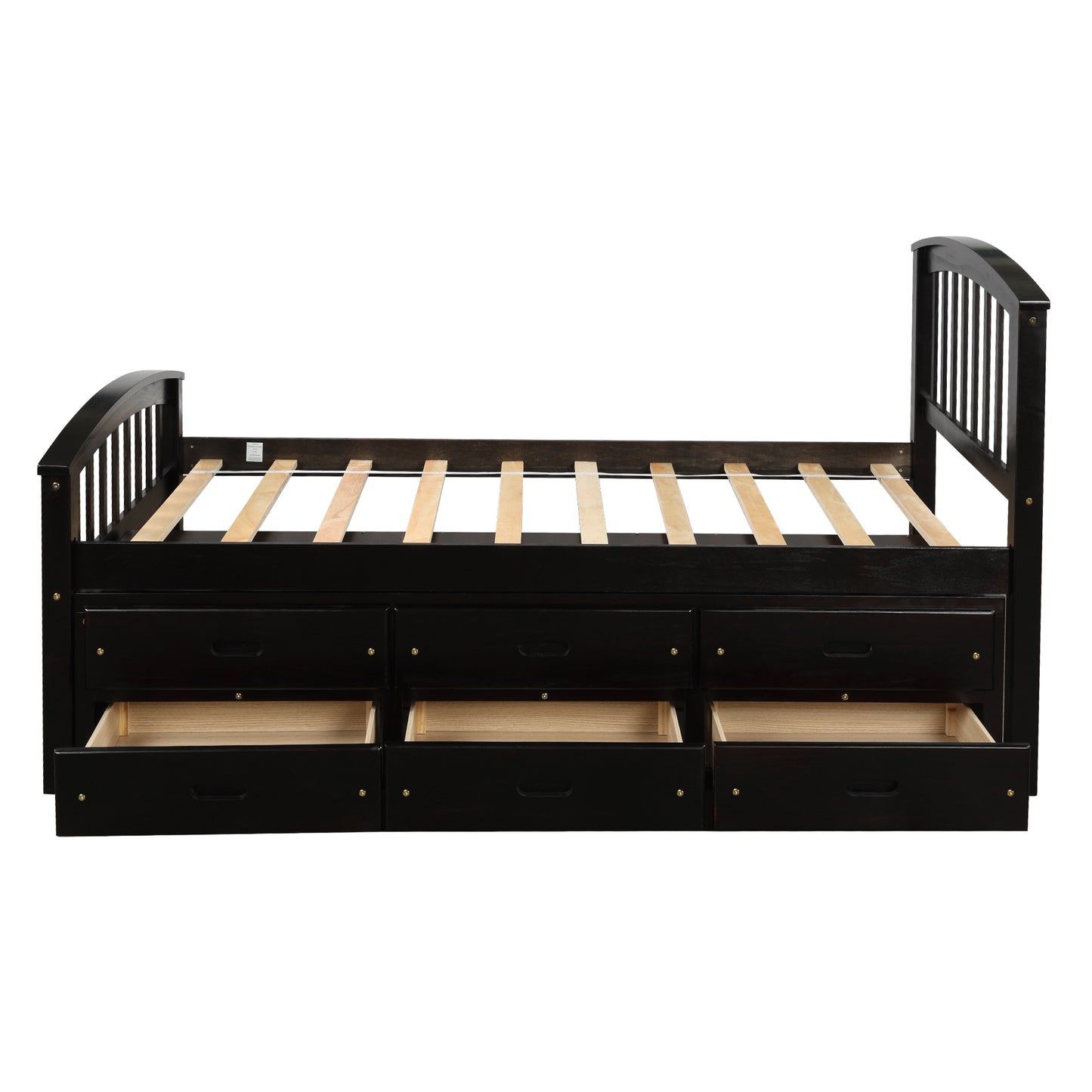 Dark brown wooden bed frame with six storage drawers