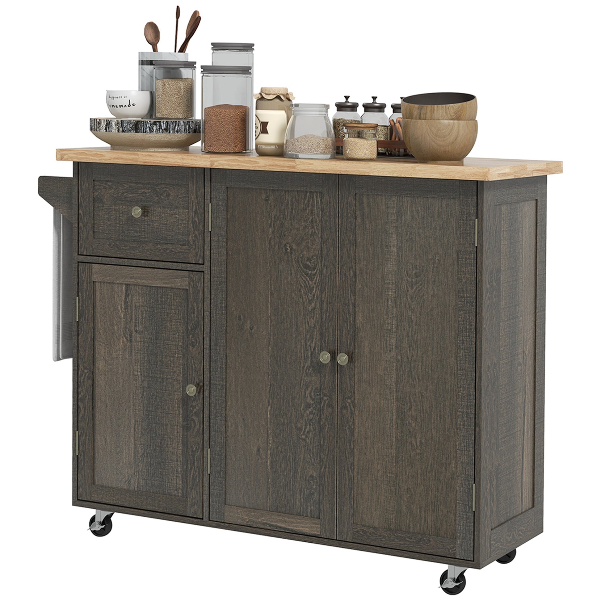 Rustic dark wood kitchen island with butcher block top and storage cabinets