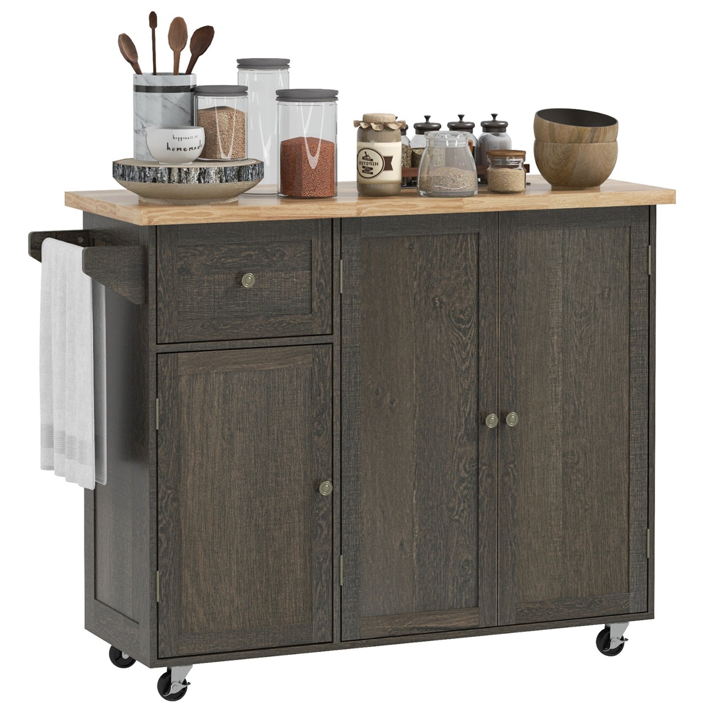 Dark wood kitchen island with butcher block top towel bar and storage cabinets