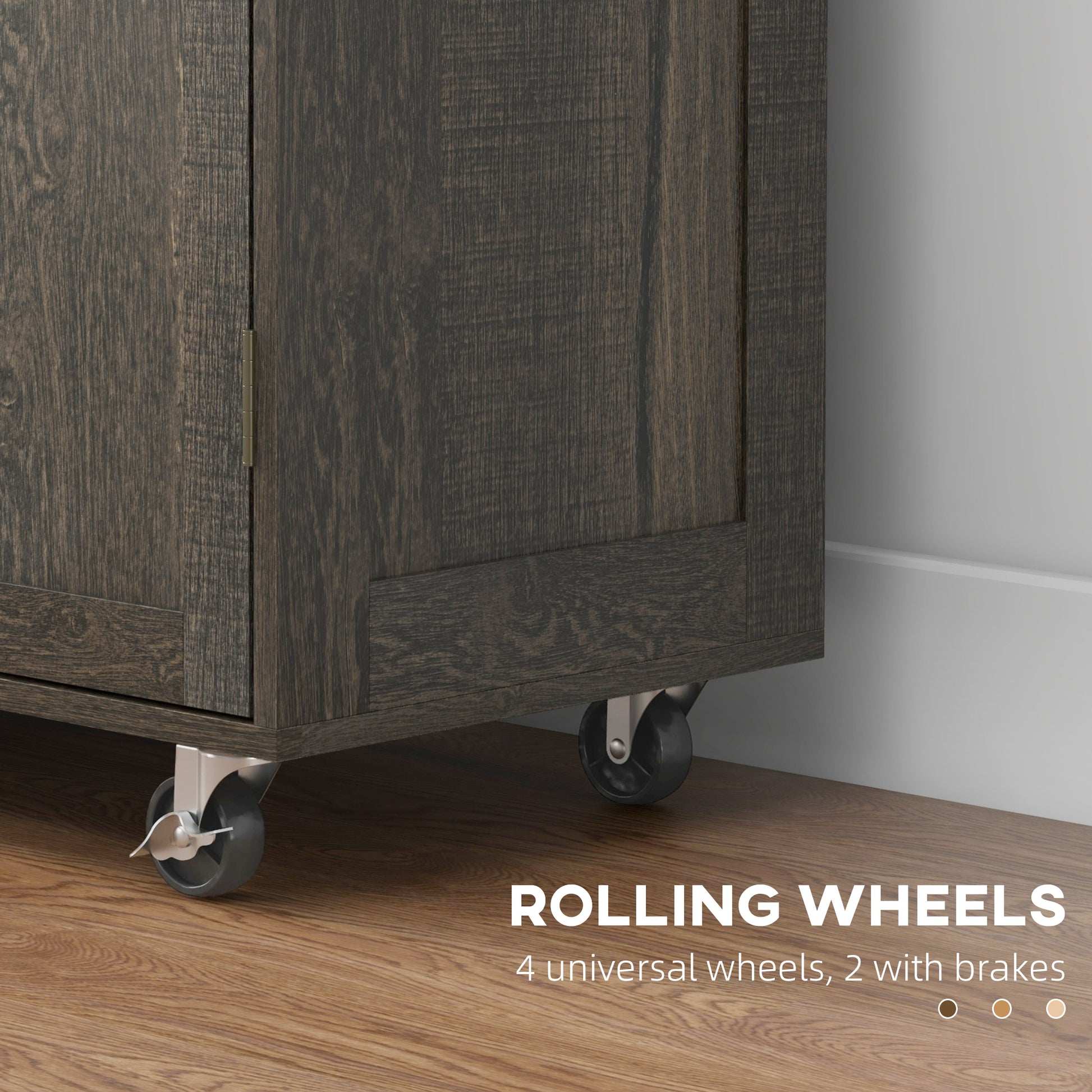 Dark wood cabinet with four rolling wheels for easy mobility