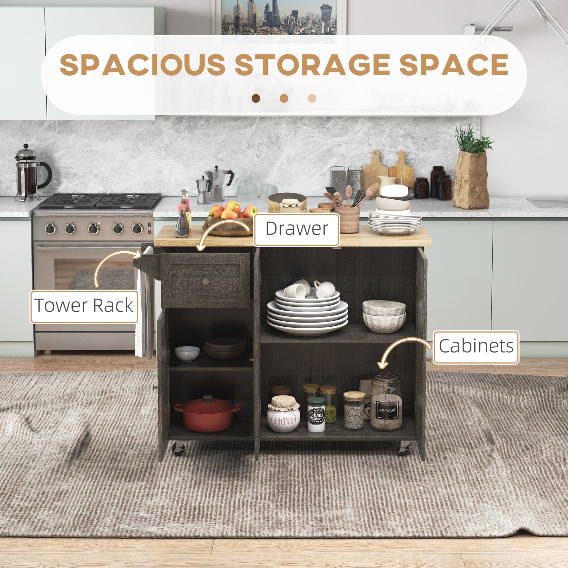 Dark grey kitchen island cart with butcher block top and ample storage
