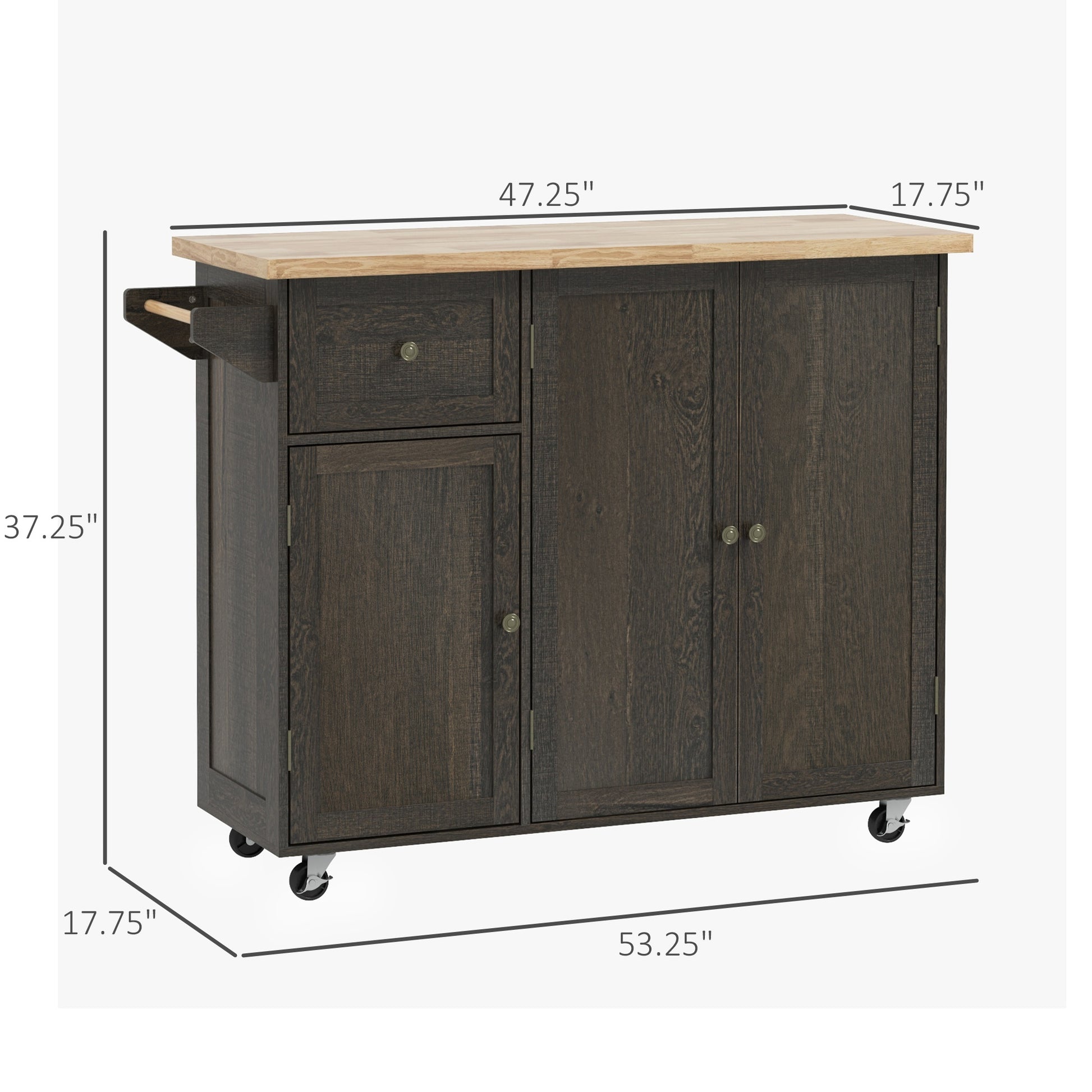 Dark wood kitchen island cart with butcher block top and caster wheels