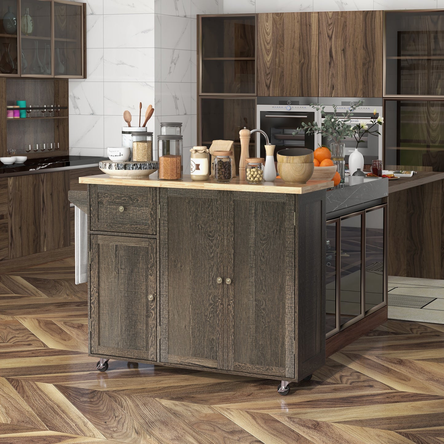 Dark wood kitchen island with butcher block top and storage drawerscabinets