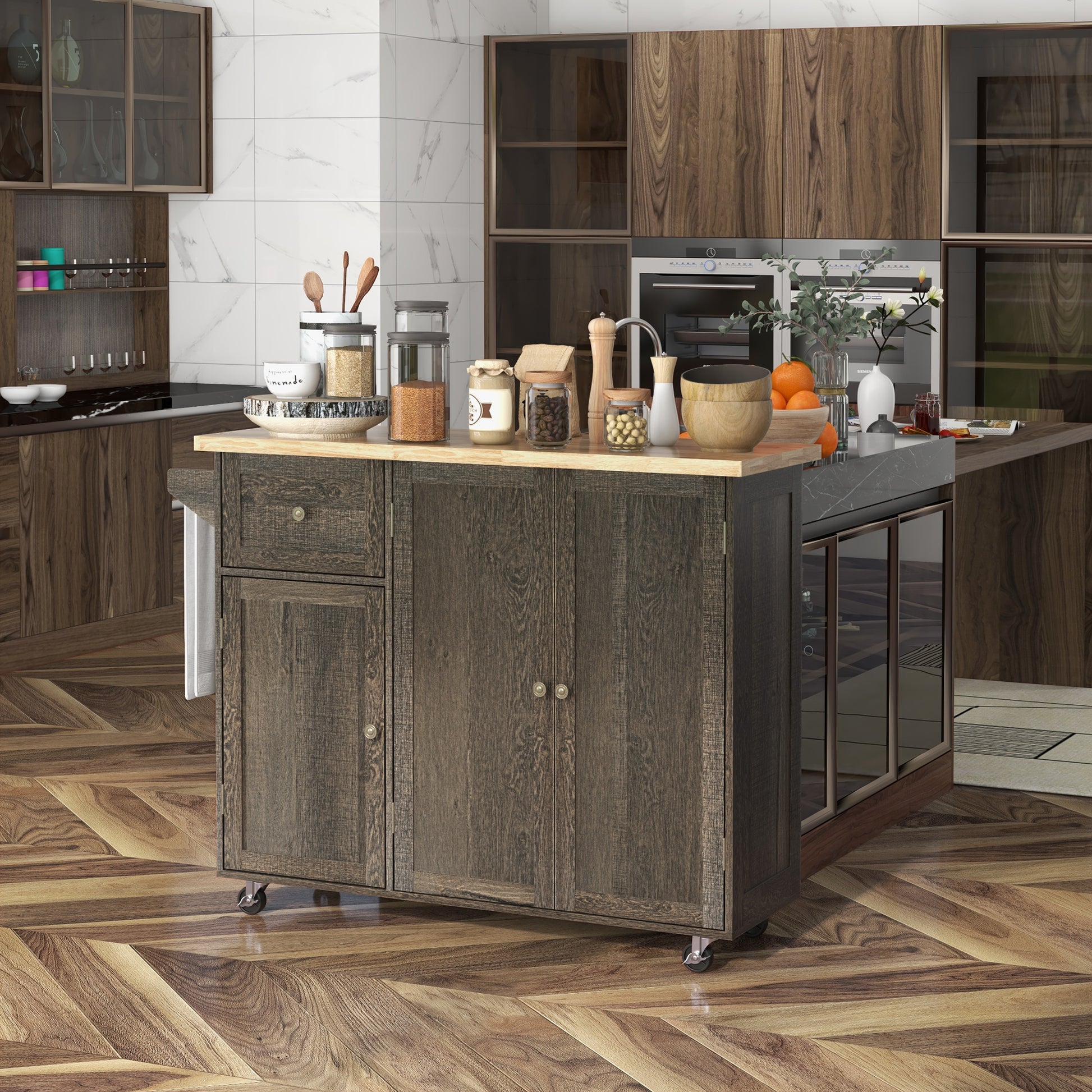 Dark wood kitchen island with butcher block top and storage drawerscabinets