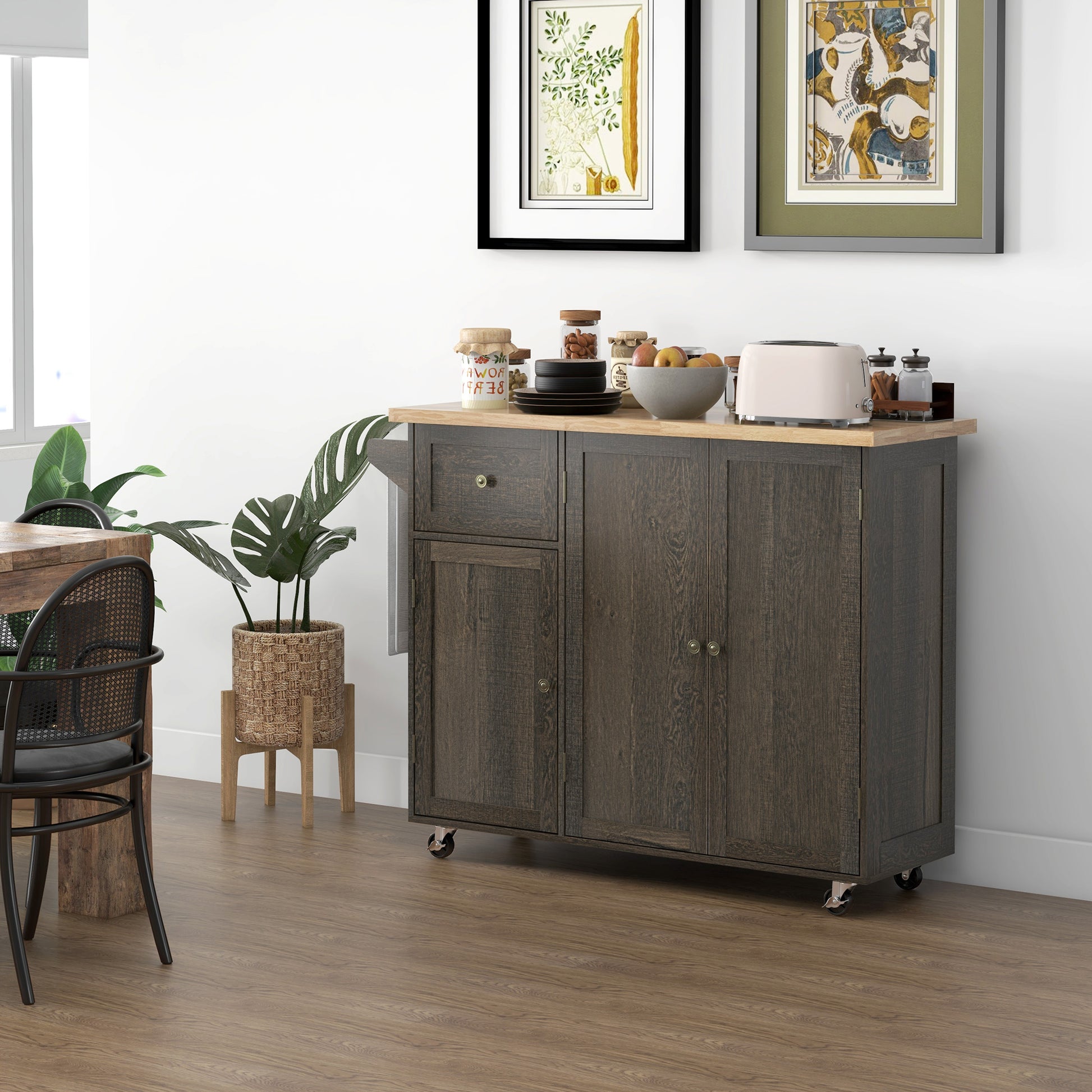 Dark oak kitchen cart with drop leaf extension and casters